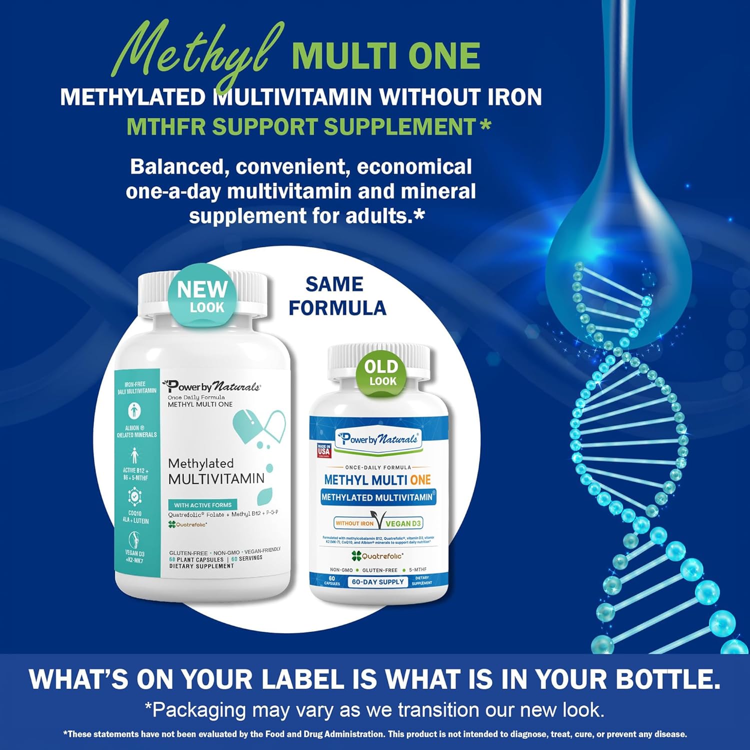 Power By Naturals Methyl Multi One – Iron-Free Methylated Multivitamin with 5-MTHF, Methyl B12 & CoQ10 – Methylation Support for Men & Women – Vegan, Non-GMO – 60 Capsules (2-Month Supply) | With 5-MTHF, Methyl B12 & CoQ10 - Methylation Daily Support for