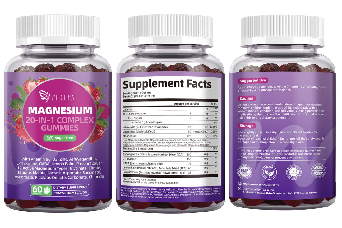 Bottle of magnesium gummies with a purple label on a white background