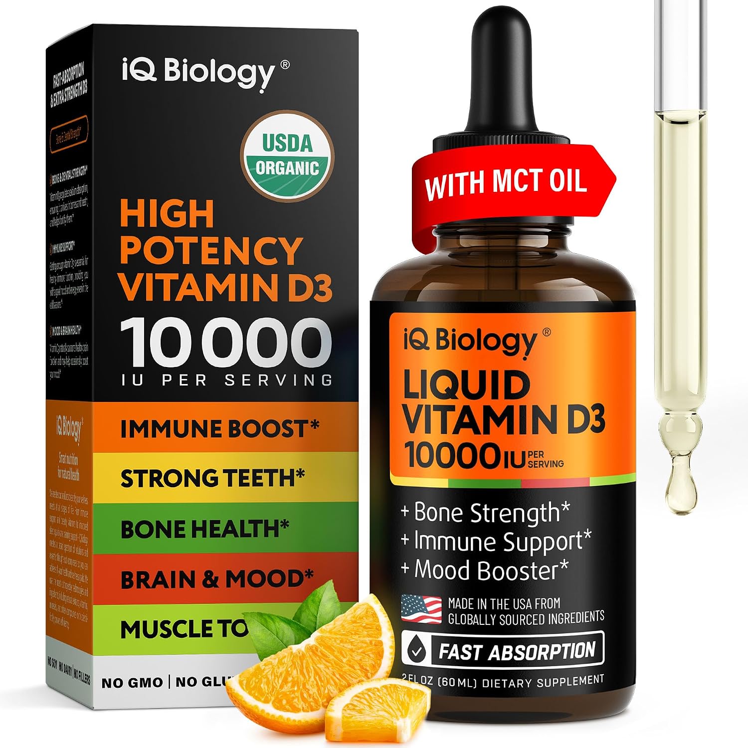 Liquid Vitamin D3 10000 IU - USDA Organic Vitamin D Drops for Adults & Kids | Vit D3 with MCT Oil for Better Absorption - Bone & Immunity Support, Dental Health* - 2 Fl Oz (Pack of 1)