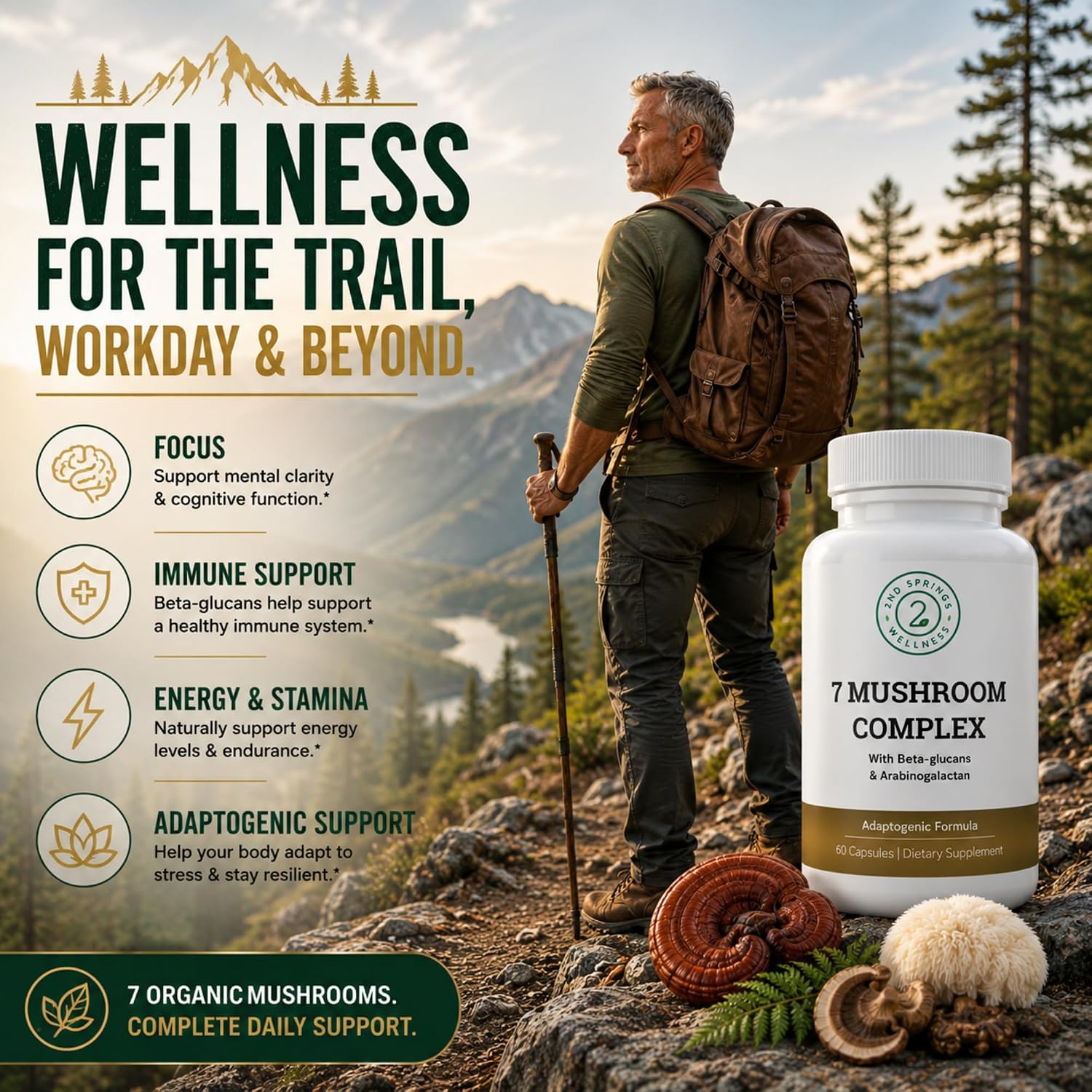 7 Organic Mushroom Complex - 7 Mushroom Supplement | Immune Support Nootropic & Adaptogenic, Lion's Mane, Chaga, Maitake, Shiitake, Reishi, Turkey Tails, Cordyceps, Capsules