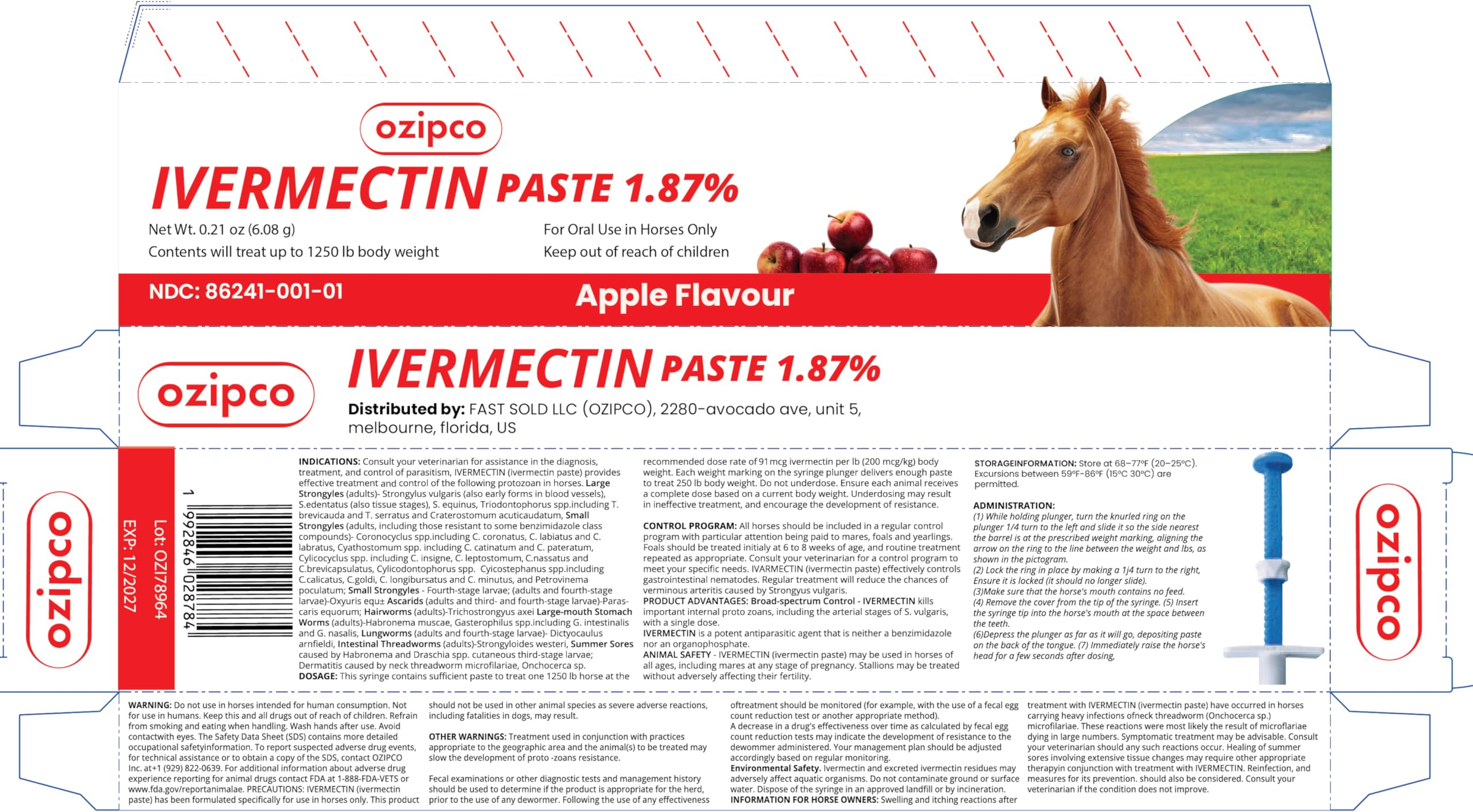 Ivermectin Horse Paste 1.87% | Apple Flavor – 6.08g Syringe for Equine Use Only Up to 1250 LB