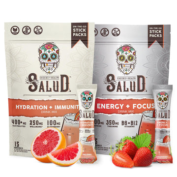 Salud 2-Pack | 2-in-1 Hydration + Immunity (Paloma) & Energy + Focus (Strawberry Margarita) – 15 Servings Each, Agua Fresca Drink Mix, Non-GMO, Gluten Free, Vegan, Low Calorie, 1g of Sugar