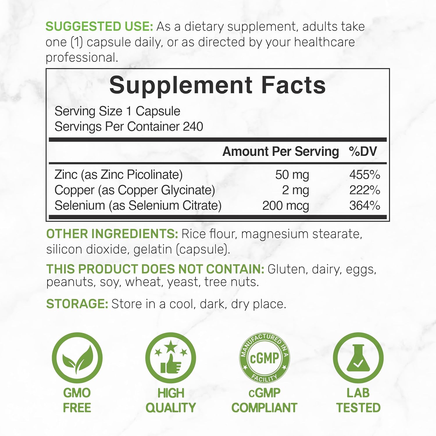 Zinc Picolinate 50mg with Copper & Selenium, 240 Capsules | 3-in-1 High Absorption Mineral Complex | Chelated Zinc Supplement for Immune Support* | 8 Month Supply
