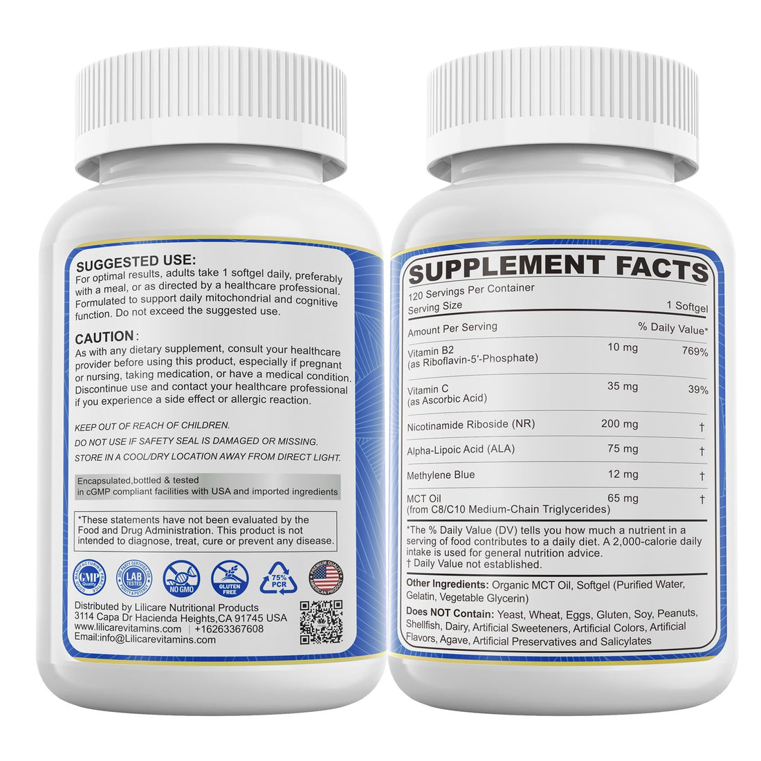 LiliCare Methylene Blue supplement bottle with blue capsules on a white background
