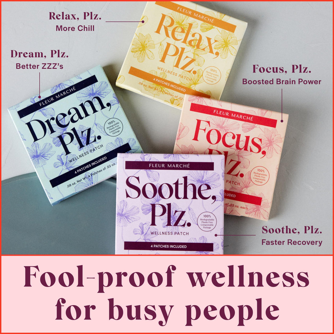 Fleur Marche 'Soothe, Plz.' wellness patch packaging with a single patch on a white background