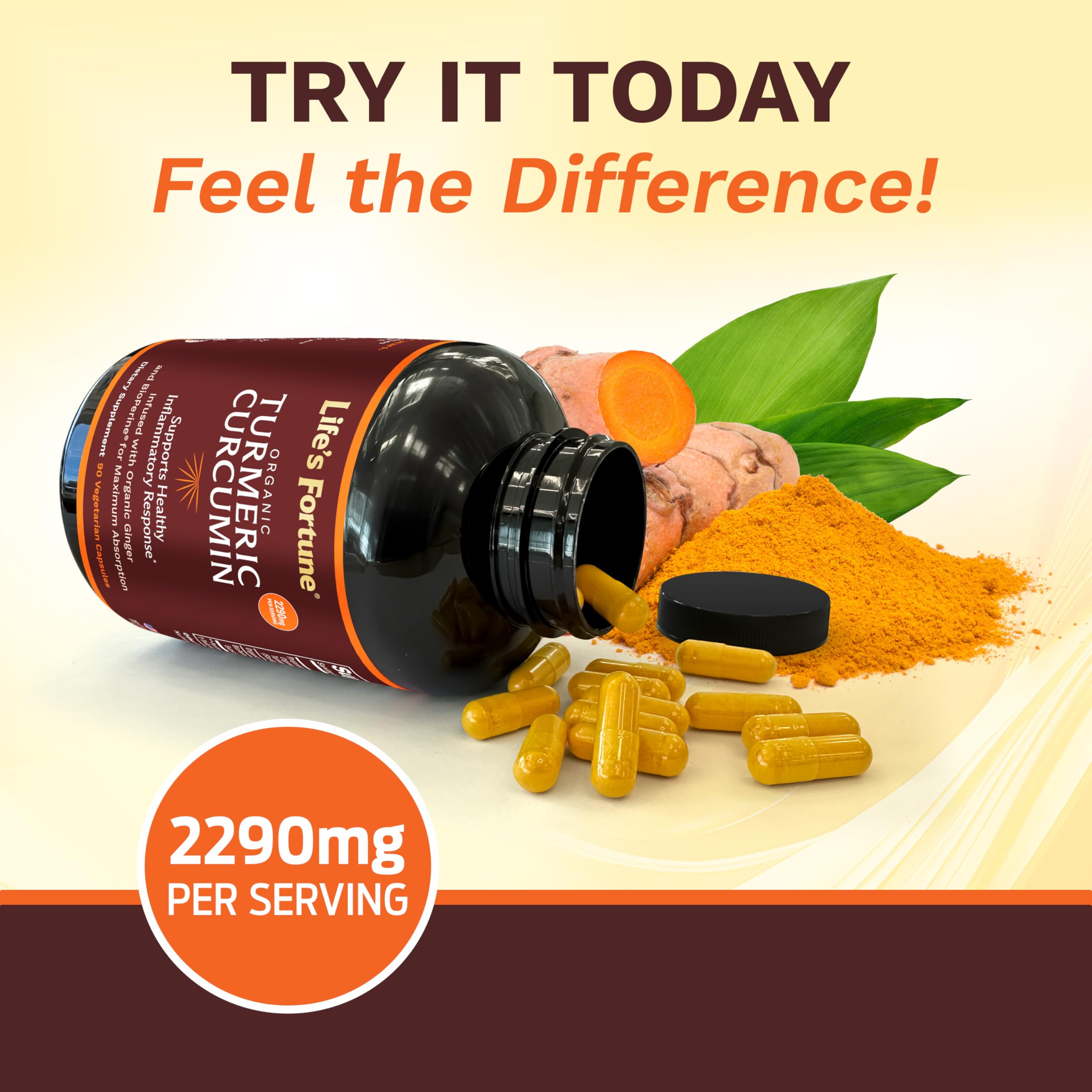Life's Fortune Organic Turmeric Curcumin with Black Pepper and Ginger, Enhanced Absorption, Extra Strength Supplement, Joint & Immune Support, Non-GMO, 180 Cap - 2250mg