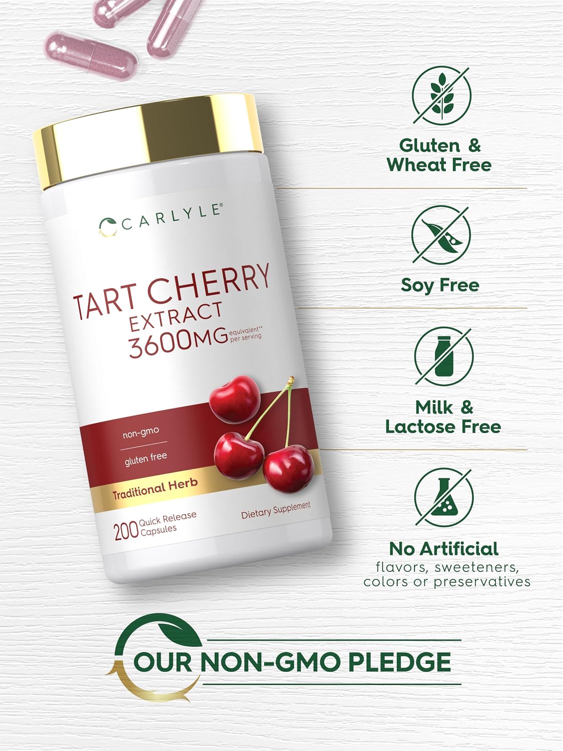 Carlyle Tart Cherry Extract Capsules | 200 Count | Non-GMO and Gluten Free Formula | Traditional Herb Supplement