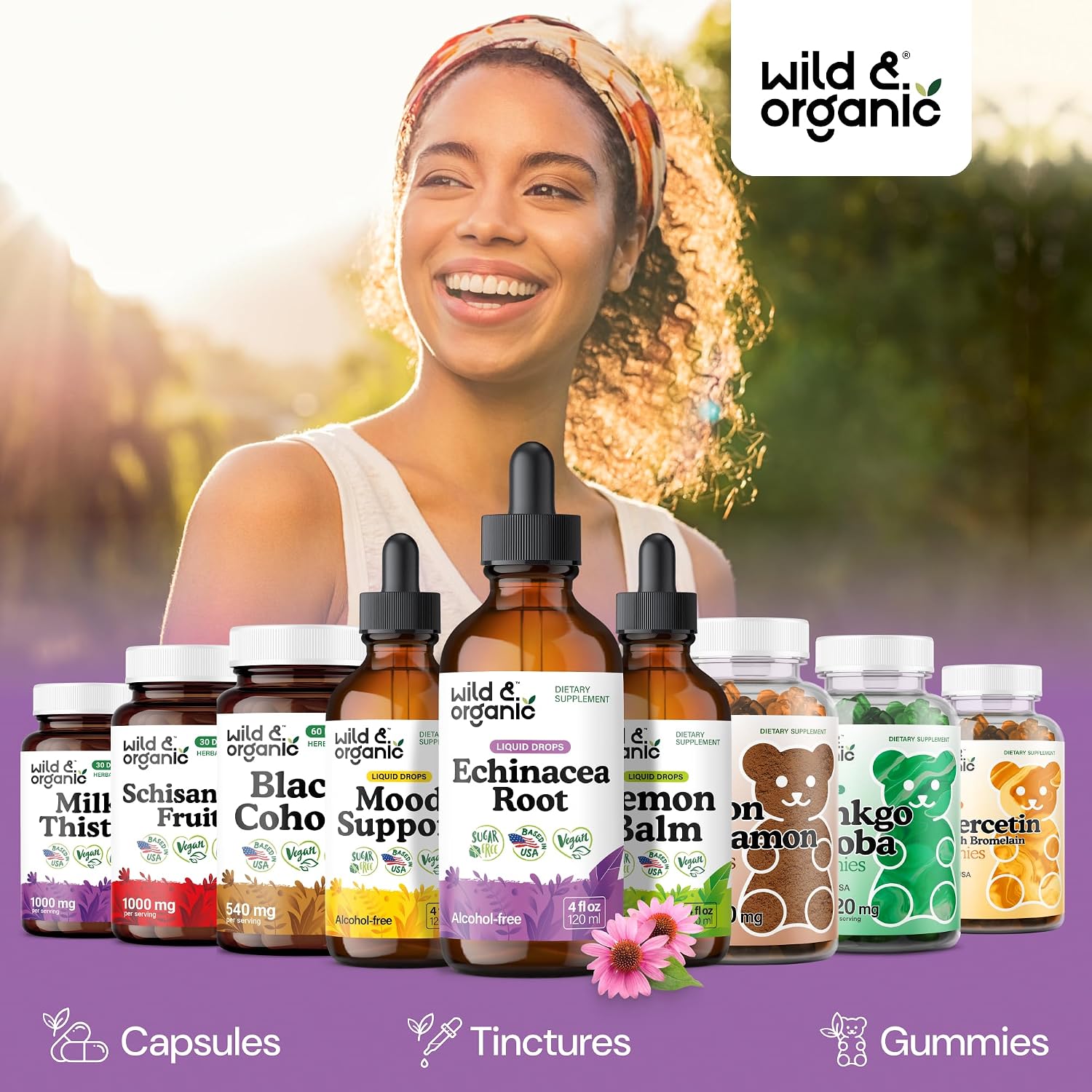 Wild & Organic Echinacea Drops - Immune & Lymphatic Drainage Drops - Liquid Echinacea Supplement - Add to Tea Tincture - Angustifolia Herb Extract - Vegan, Sugar & Alcohol-Free - 4 fl oz