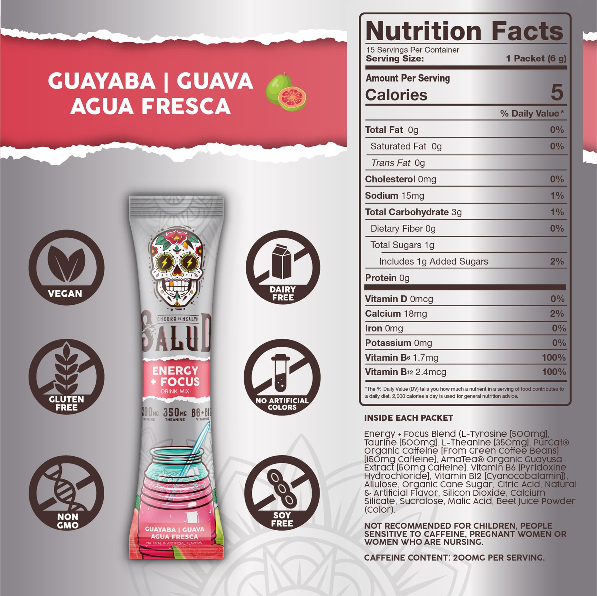 Salud 2-in-1 Energy + Focus Drink Mix, Hibiscus | Organic Caffeine, B6 + B12, Theanine, Clean Energy Packets, Agua Fresca Mix, Non-GMO, Gluten Free, 1g of Sugar (15 Servings)