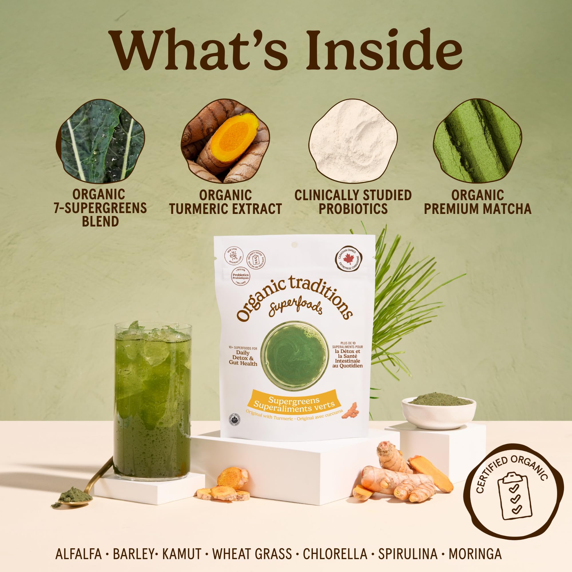 Organic Traditions Super Greens Powder with Turmeric, Organic Greens Superfood Blend with Vitamins Minerals and Probiotics, Plant Based Green Juice Mix for Smoothies and Drinks, 100g / 3.5oz Bag