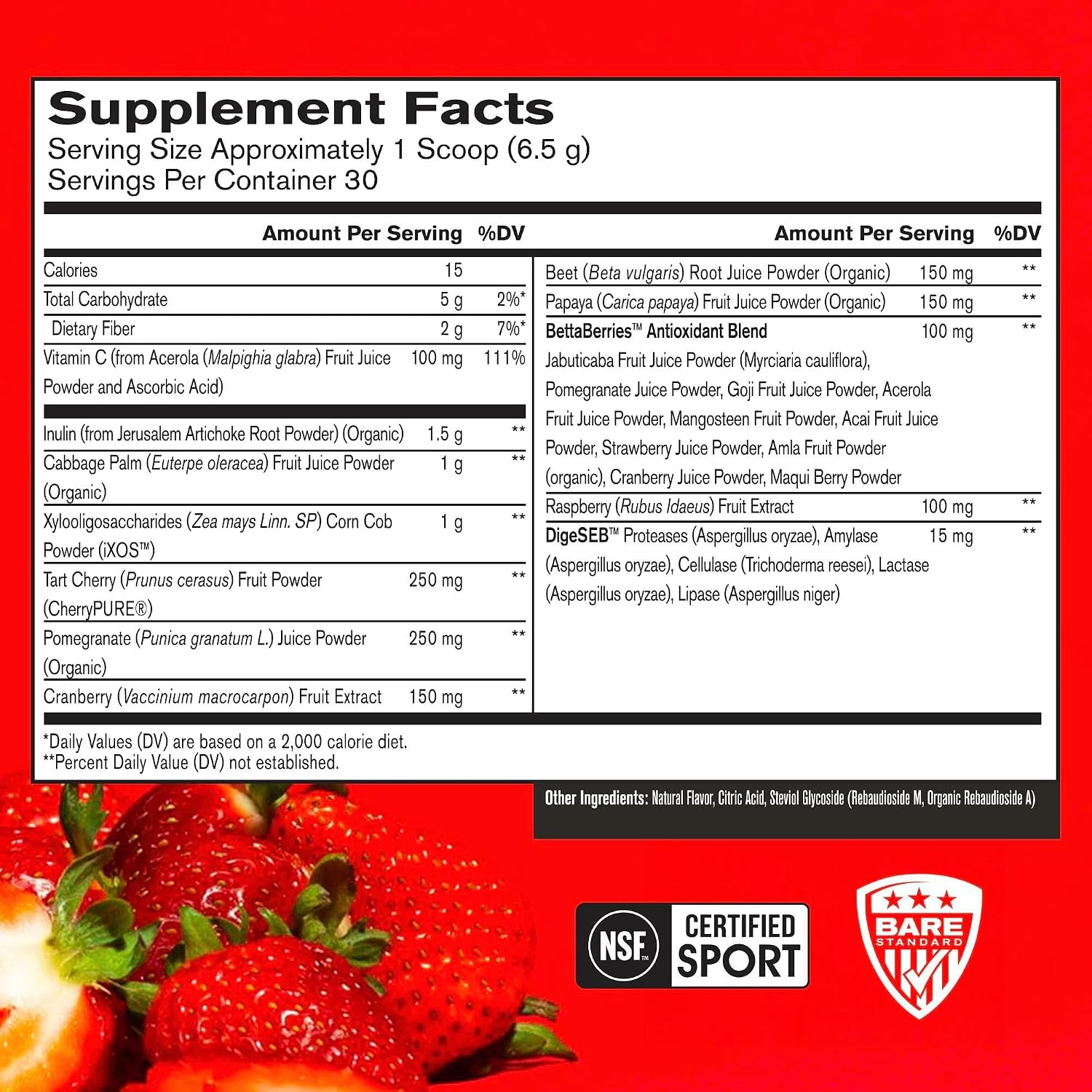 BARE PERFORMANCE NUTRITION, BPN Strong Reds Superfood Powder, Digestive Enzymes, Antioxidants, Improved Natural Energy, 30 Servings, Strawberry