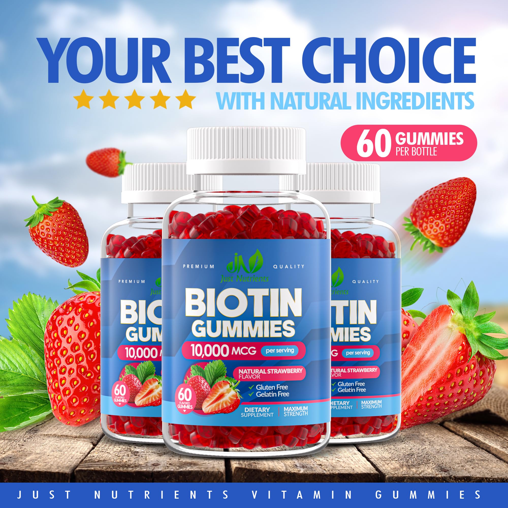 Biotin 10,000mcg Gummies for Hair Growth, Skin & Nails (100 Count) | 2x Maximum Strength Biotin Vitamins for Women & Men - Gluten-Free, Vegan, Great Tasting Strawberry Flavor