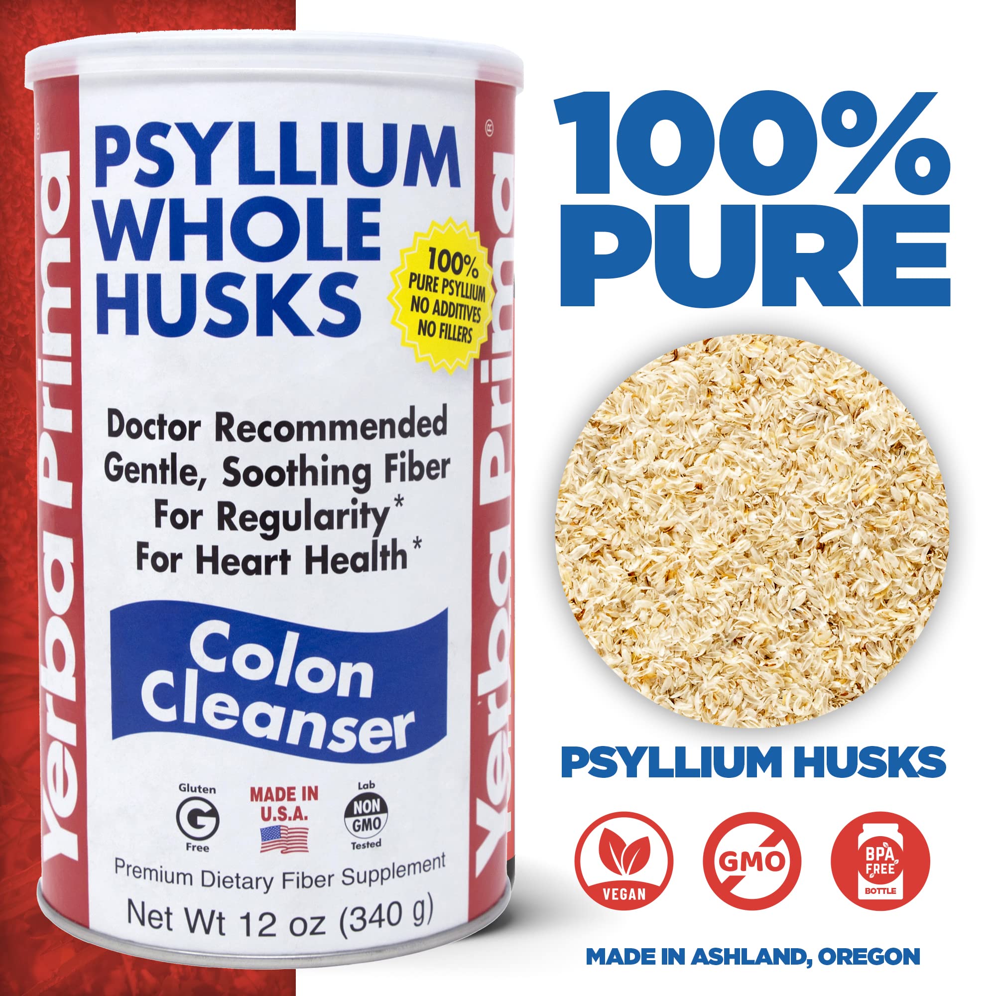 Yerba Prima Psyllium Whole Husk, 1 Bottle 12 oz - Fiber Supplement, Vegan, No Sugar or Artificial Sweeteners, Non GMO, Gluten Free