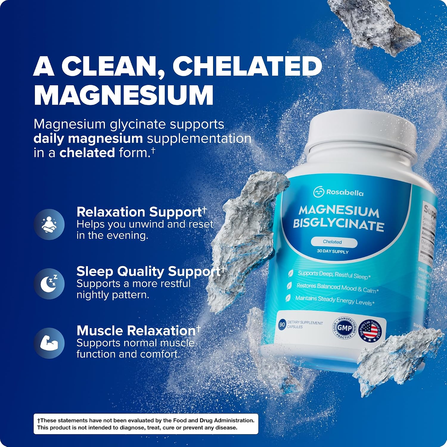 Rosabella Magnesium Bisglycinate Capsules – High Absorption, Non-Laxative Magnesium Biglycinate Chelate, Gentle Formula for Relaxation, Restful Sleep Routines & Muscle Comfort – 90 Capsules