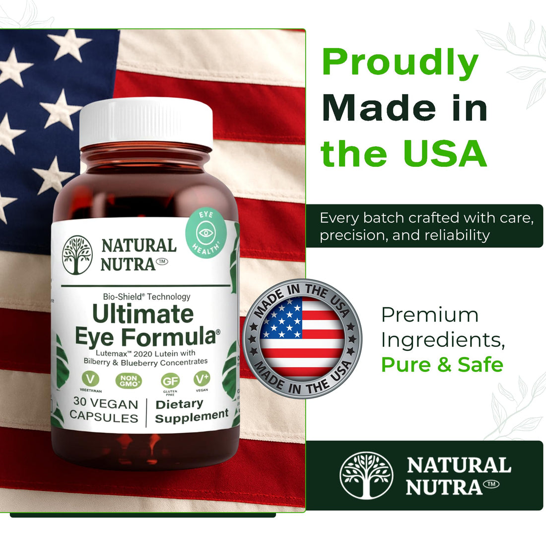 Supplement bottle labeled 'Natural Nutra Ultimate Eye Formula' with blueberries and a diamond award on a white background