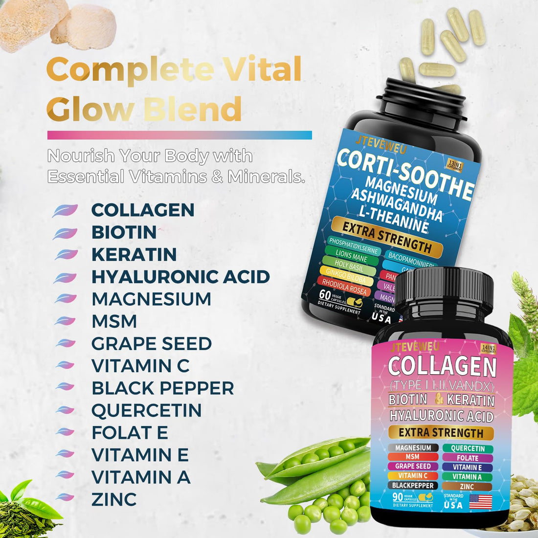 Two supplement bottles labeled 'Corti-Soothe' and 'Collagen' on a white background.