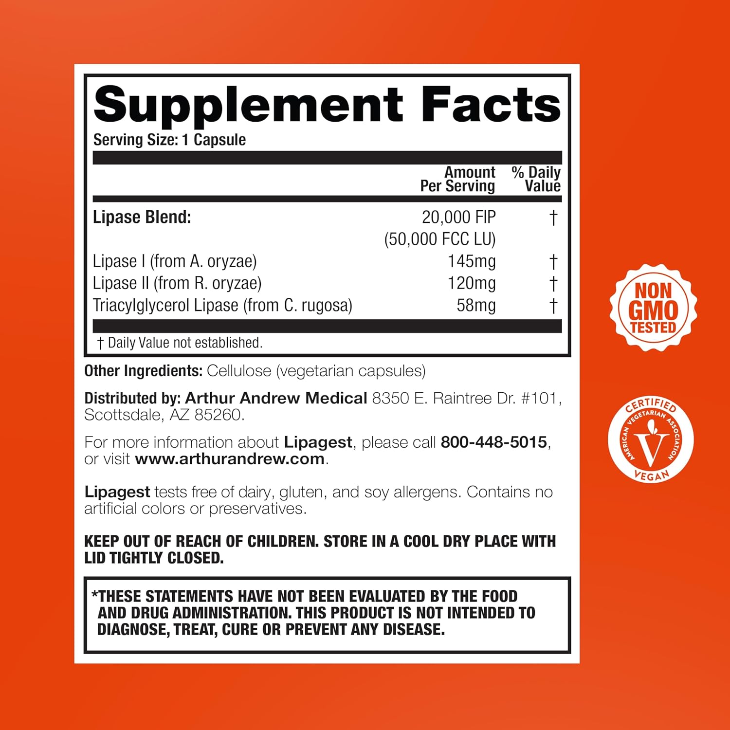 Arthur Andrew Medical, Lipagest, Lipase Enzyme, 20,000 FIP | Highly Potent Lipase Enzyme 20,000 FIP. Optimal Digestion of Fats - No Gallblader & Keto Support
