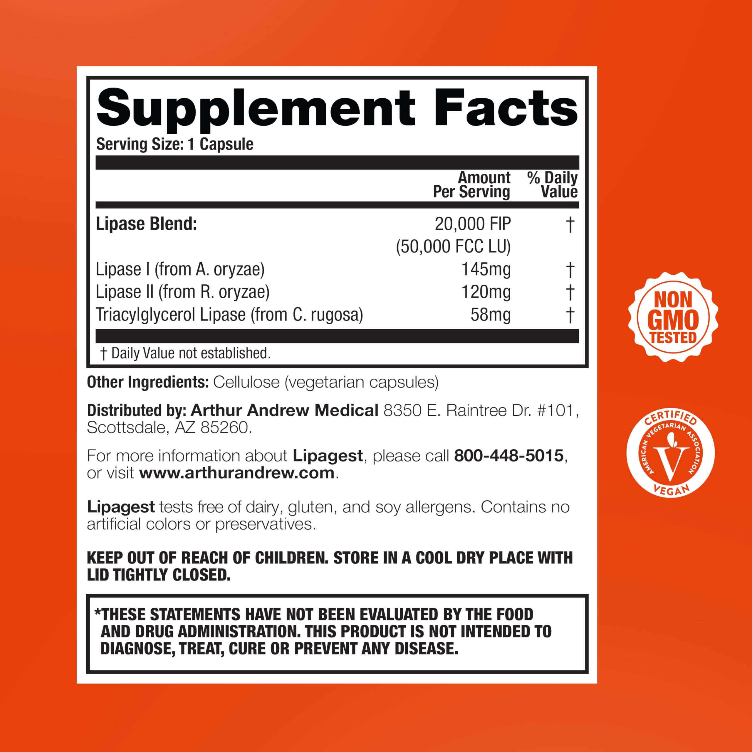 Arthur Andrew Medical, Lipagest, Lipase Enzyme, 20,000 FIP | Highly Potent Lipase Enzyme 20,000 FIP. Optimal Digestion of Fats - No Gallblader & Keto Support