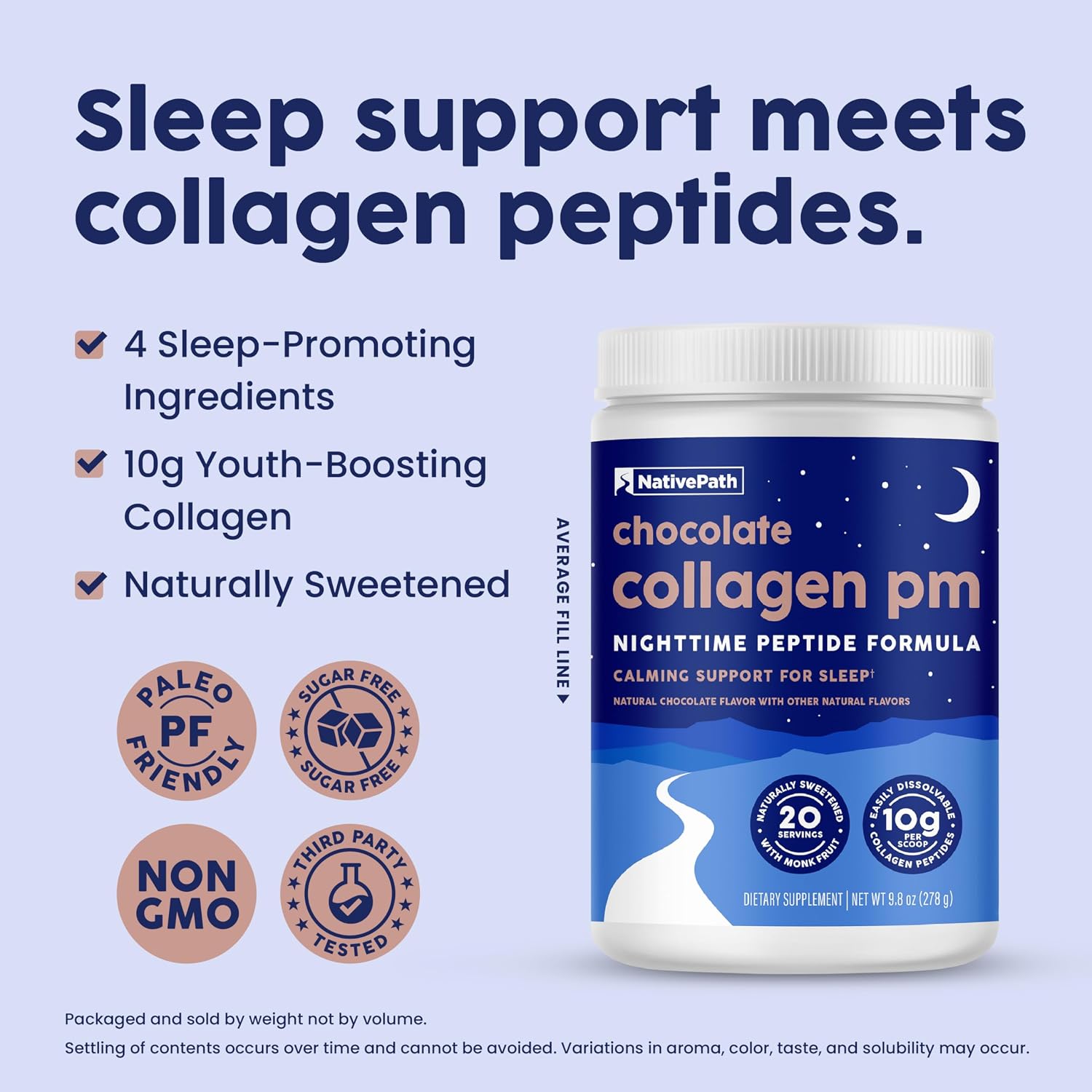 NativePath Collagen PM Chocolate with Melatonin, 20 Servings | Grass-Fed Peptides, Magnesium, GABA & L-Theanine, Supports Restful Sleep, Skin & Hair, No Added Sugar