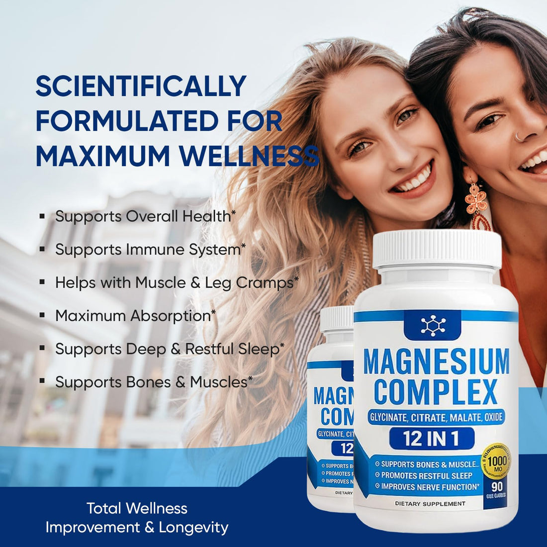 Two bottles of magnesium complex supplement with ingredients on a white background