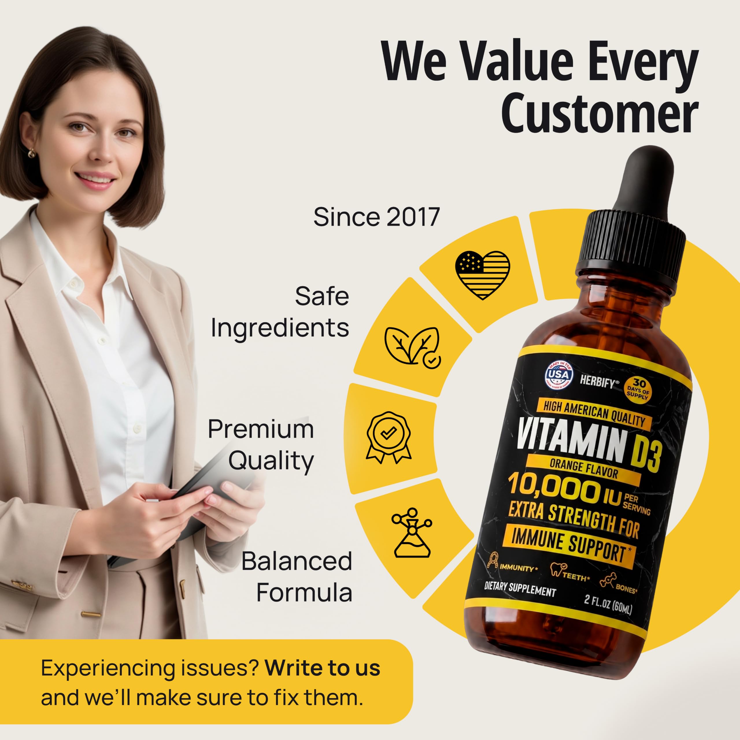 HERBIFY Vitamin D3 10000 IU - Made in USA Liquid Vitamin D Drops - Bone Strength and Immune Support Supplement - Sunshine Replacement - D3 Vitamin Bone and Teeth Supplement - 30 Days Supply - 2 Oz
