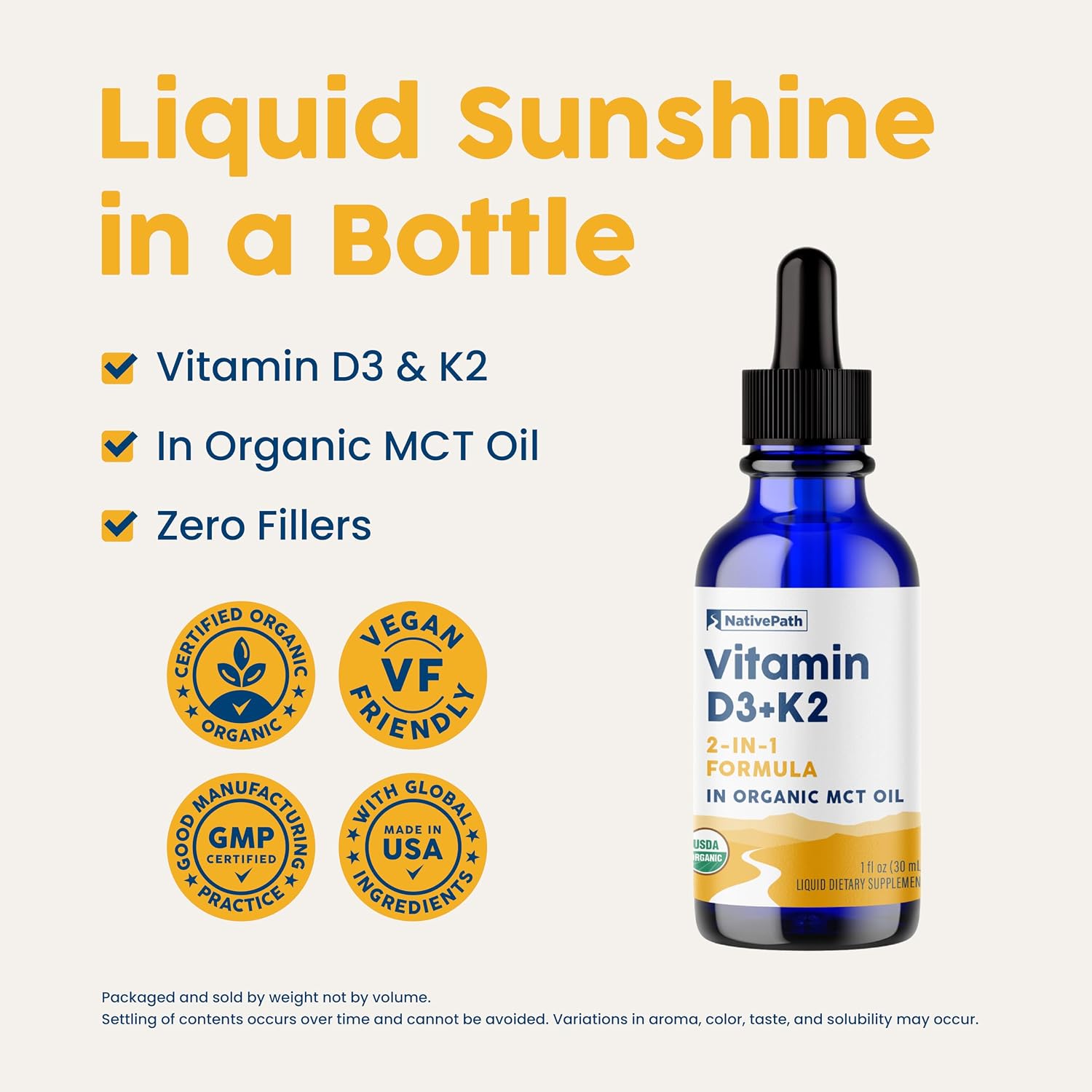 NativePath D3K2 Tincture – 2000IU Vitamin D3 and Vitamin K2 Supplement with Organic MCT Oil – 1 Fluid Ounce – Rapid Bioavailability Multi-Vitamin for Bone Strength and Total Body Wellness, 30 Servings