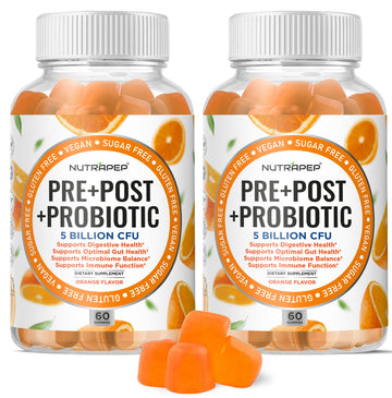 NutraPep Prebiotic Probiotic & Postbiotic Gummies for Women Men & Kids Children - High Potency 5 Billion CFU - Sugar-Free & Gluten 60 Count (Pack of 2)