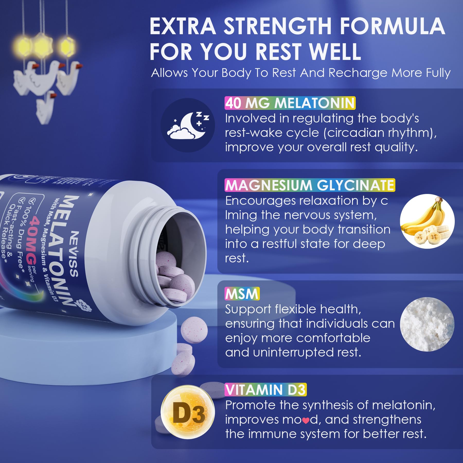 NEVISS Melatonin 50 mg for Adults - Extra Strength 9-in-1 Fast Dissolve Sublingual - High Dose with Magnesium Glycinate, Vitamin D3, Ashwagandha, Lemon Balm, Chamomile, Sugar Free,Vegan 120 Tablets