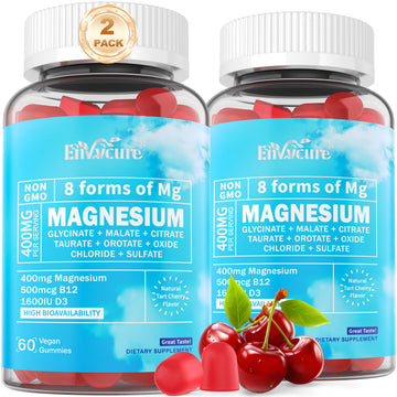 Two bottles of EnvyCure magnesium gummies with cherry flavor on a white background