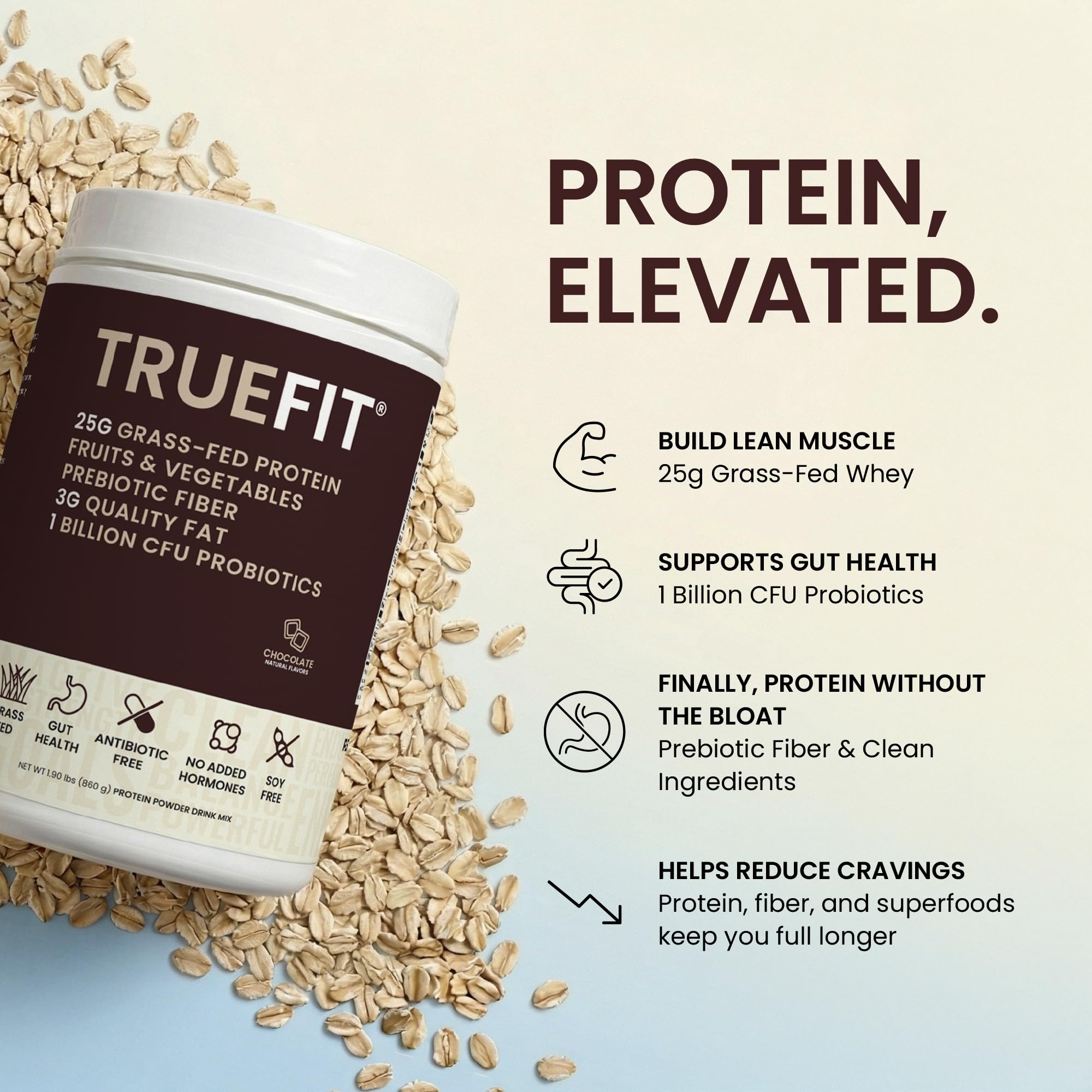 TrueFit Grass-Fed Whey Protein Powder + Fiber & Probiotics, Vanilla Shake | 25g Gut Healthy Protein with Fiber, Probiotics & Non-GMO Superfoods for Complete Meal Replacement Shake with Nothing Fake