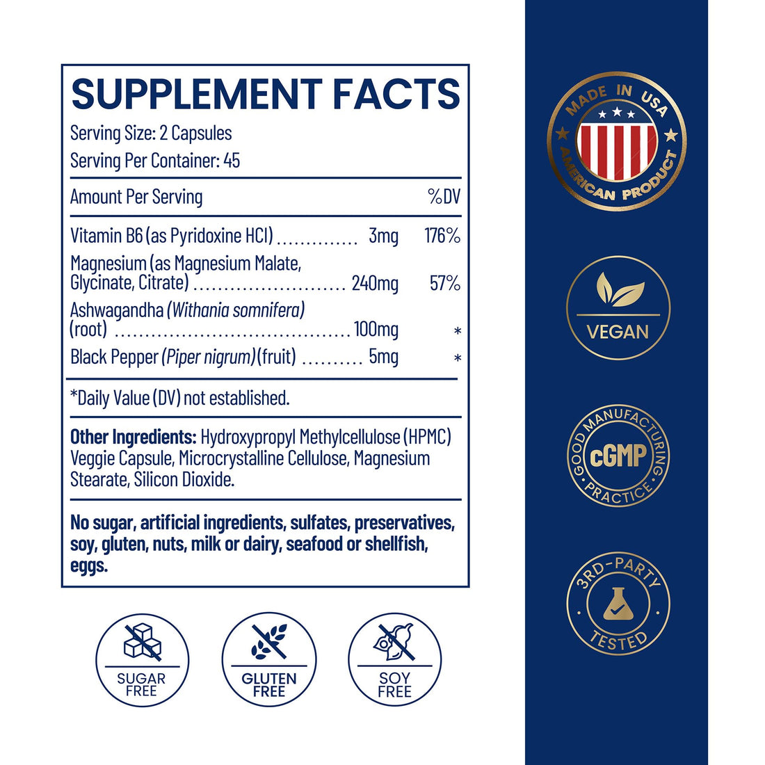 Supplement bottle labeled 'Magnesium Ashwagandha' with ingredients on a white background
