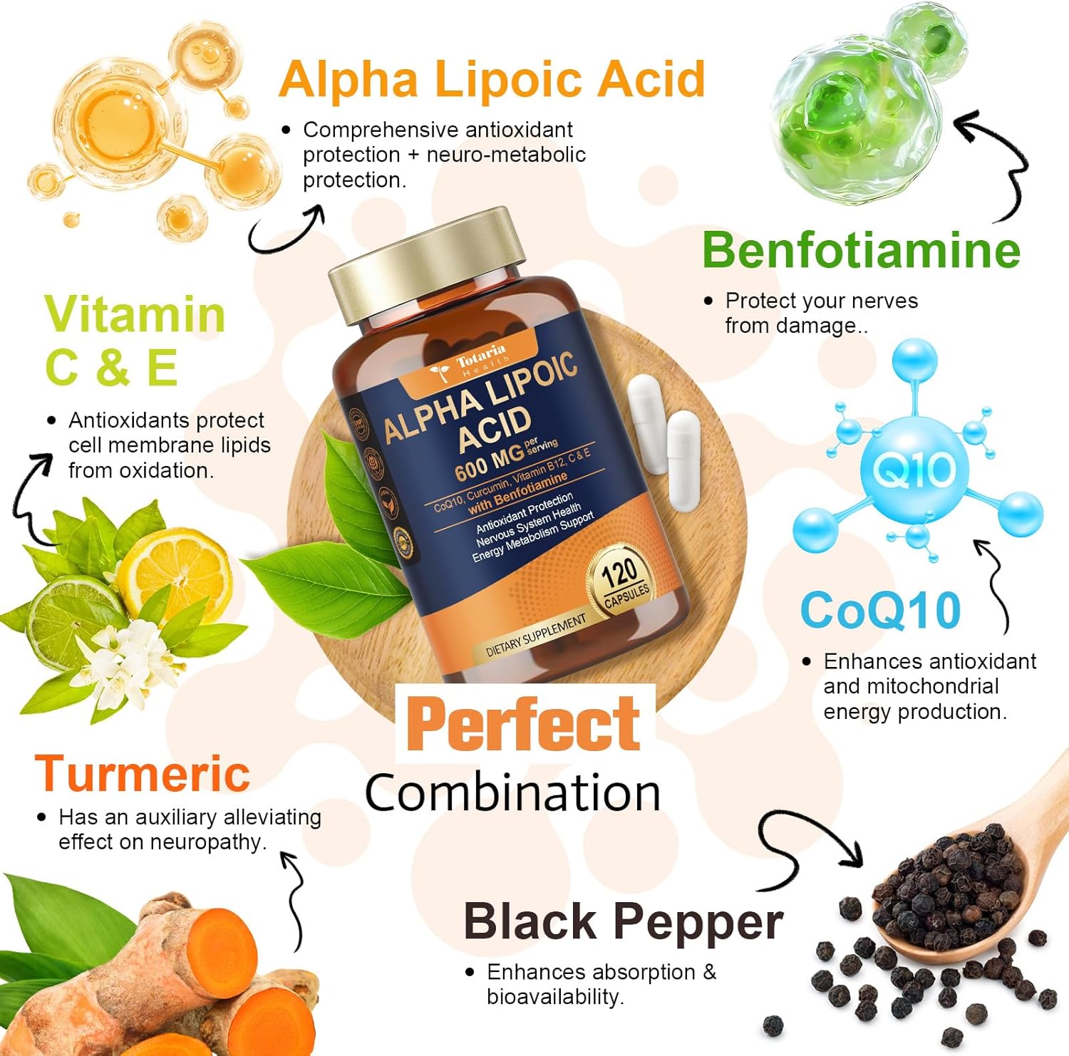 Alpha Lipoic Acid 600mg with Benfotiamine 300mg - ALA Supplement for Antioxidant, Nerve Health, Energy & Metabolism Support, Cell Energy, Neuropathy Supplement, Anti-Aging, Non-GMO, Gluten Free, Vegan
