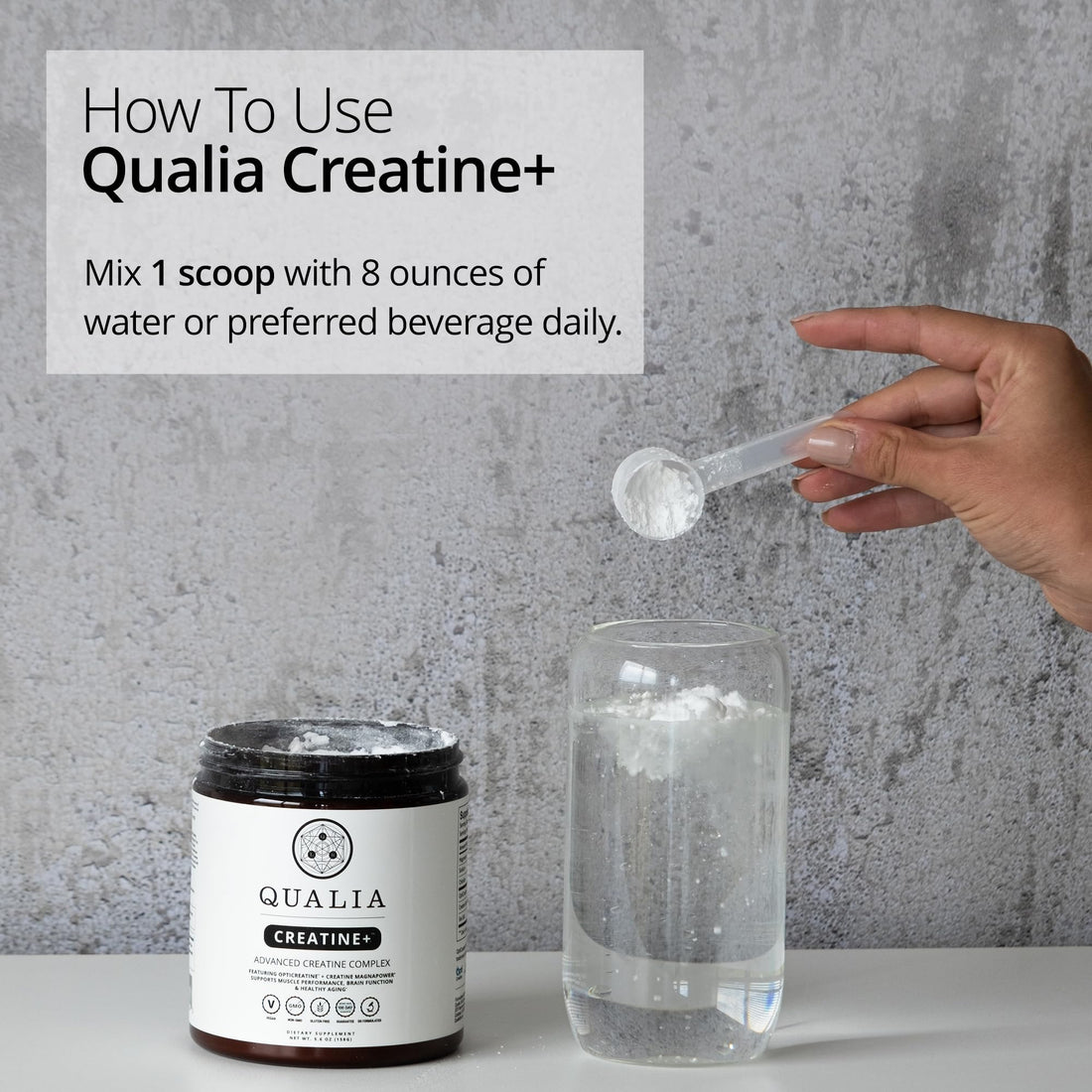 Qualia Creatine+ supplement jar with a white label on a white background