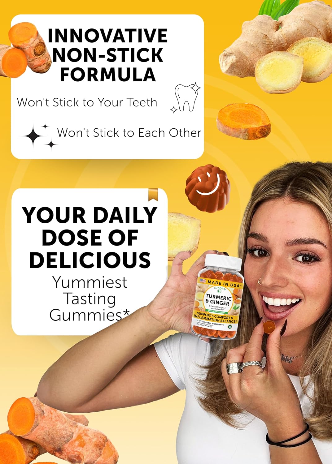 Lunakai USA Made Turmeric and Ginger Supplement Gummies 500mg with Black Pepper – High Absorption Curcumin Turmeric Gummies for Joint Comfort, Daily Immune Support, Non-GMO, 60ct