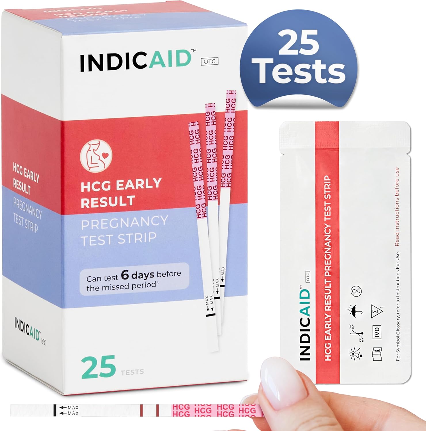 INDICAID 510K Cleared Early Detection Pregnancy Test Strips, High Sensitivity 10mIU to Test 6 Days Before Missing Period, 25 Tests Daily Monitoring of hCG During Pregnancy, Over 99% Accuracy
