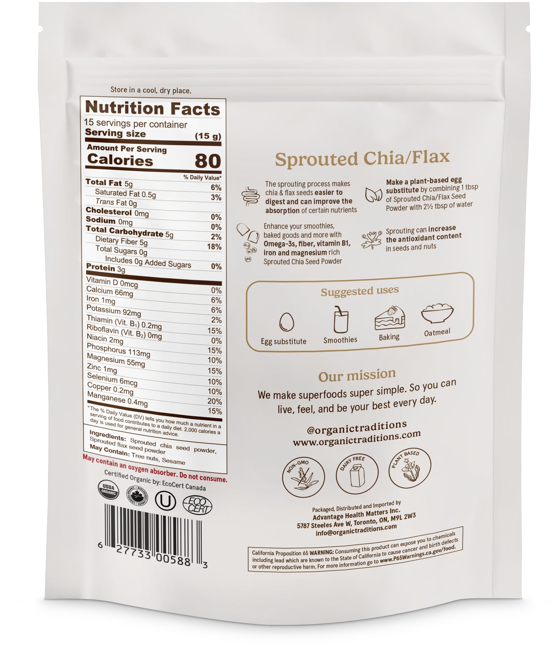 Organic Traditions Sprouted Chia and Flax Seed Powder, Organic Chia Seeds and Flax Blend for Smoothies Baking Oatmeal Egg Substitute, Plant Based Non GMO High Fiber Omega 3 Superfood, 454g / 16 oz Bag