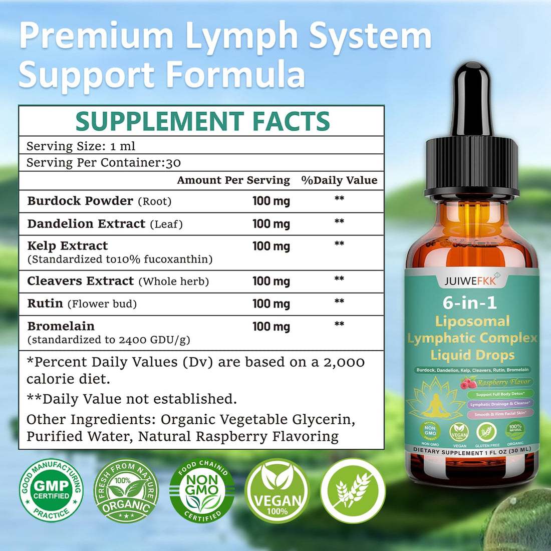 Two bottles of JUIWE FKK 6-in-1 Liposomal Lymphatic Complex Liquid Drops on a white background