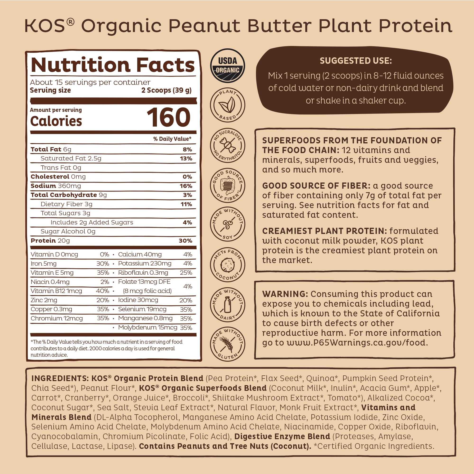 KOS Organic Plant Based Protein Powder, Chocolate Peanut Butter - Delicious Vegan Protein Powder - Keto Friendly, Gluten Free, Dairy Free & Soy Free - 15 Servings KOS buy supplements Au