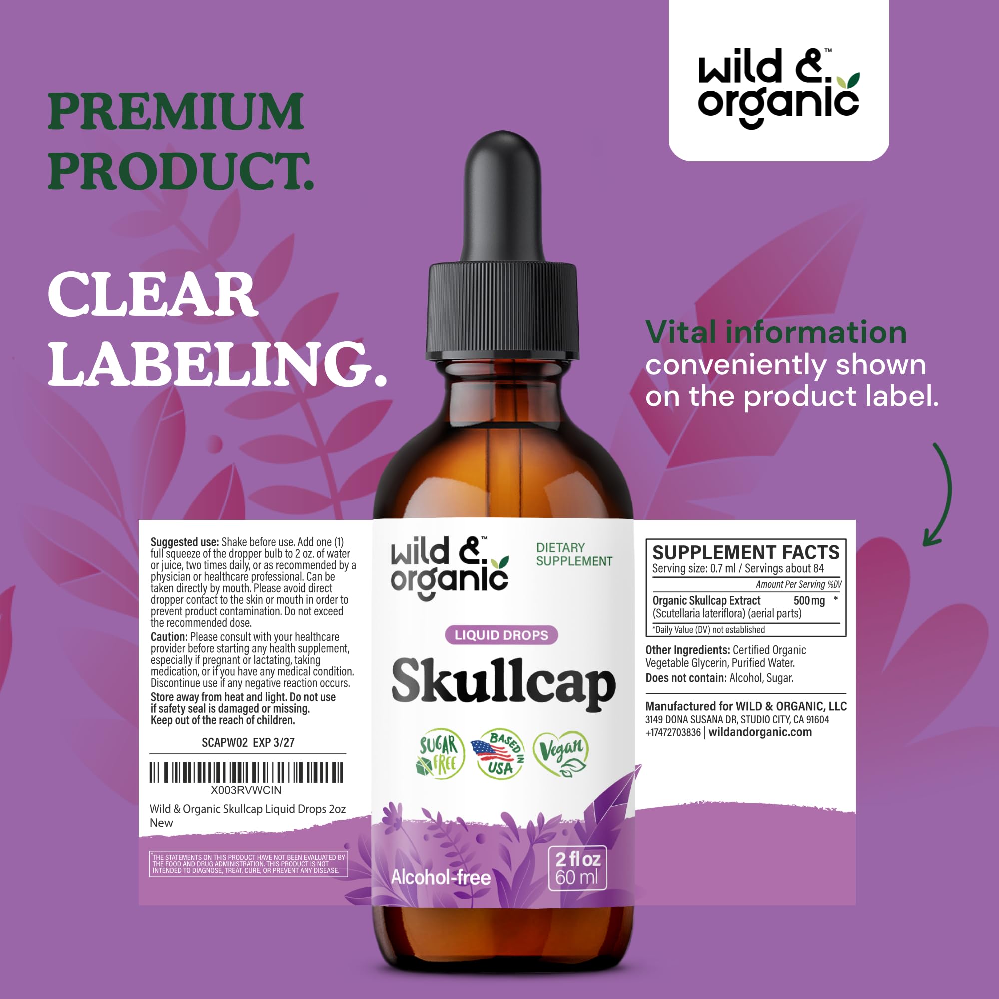 Wild & Organic Skullcap Herb Tincture - Skullcap Supplement for Mood Support - Relaxing Liquid Extract Drops - Vegan, Sugar & Alcohol-Free - 4 fl oz