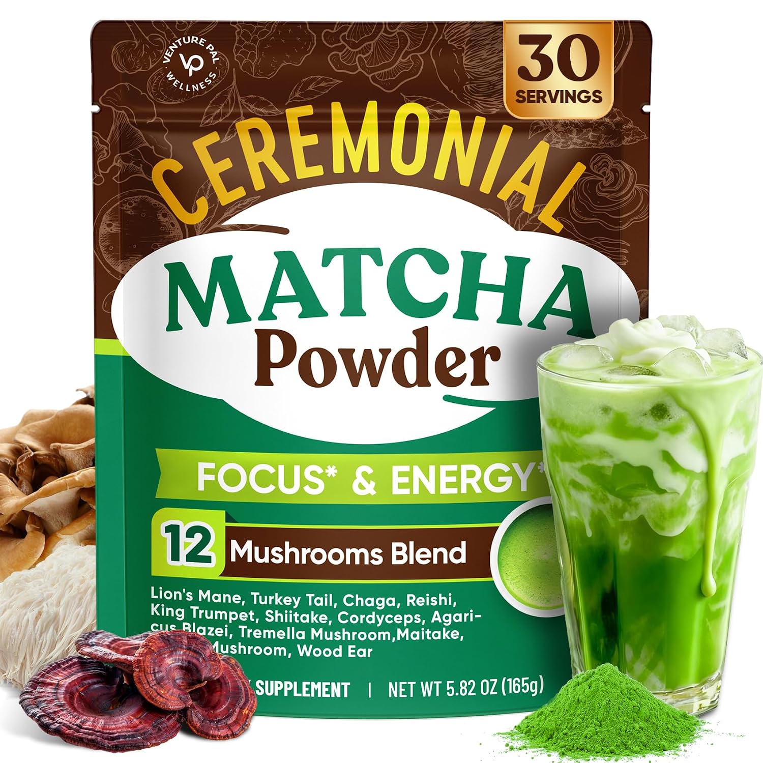 Venture Pal Ceremonial Grade Mushroom Matcha Powder + Mushroom Coffee - Focus, Energy & Digestion - Vegan