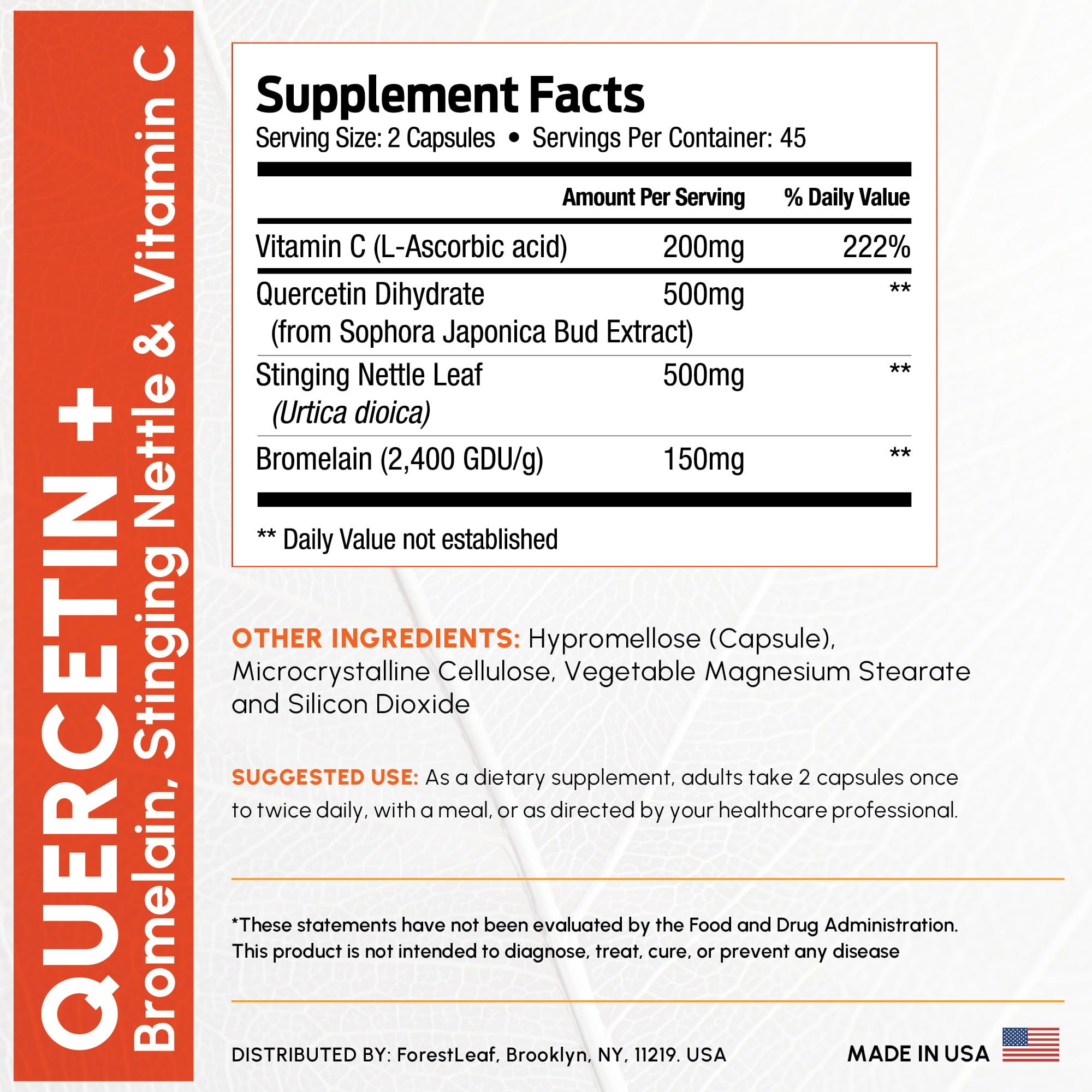 ForestLeaf Quercetin with Bromelain 1350mg - Blend with Vitamin C & Stinging Nettle Supplement, Quercetin 500mg Capsules, Non-GMO Gluten Free, Natural Function, 90 Veggie Caps