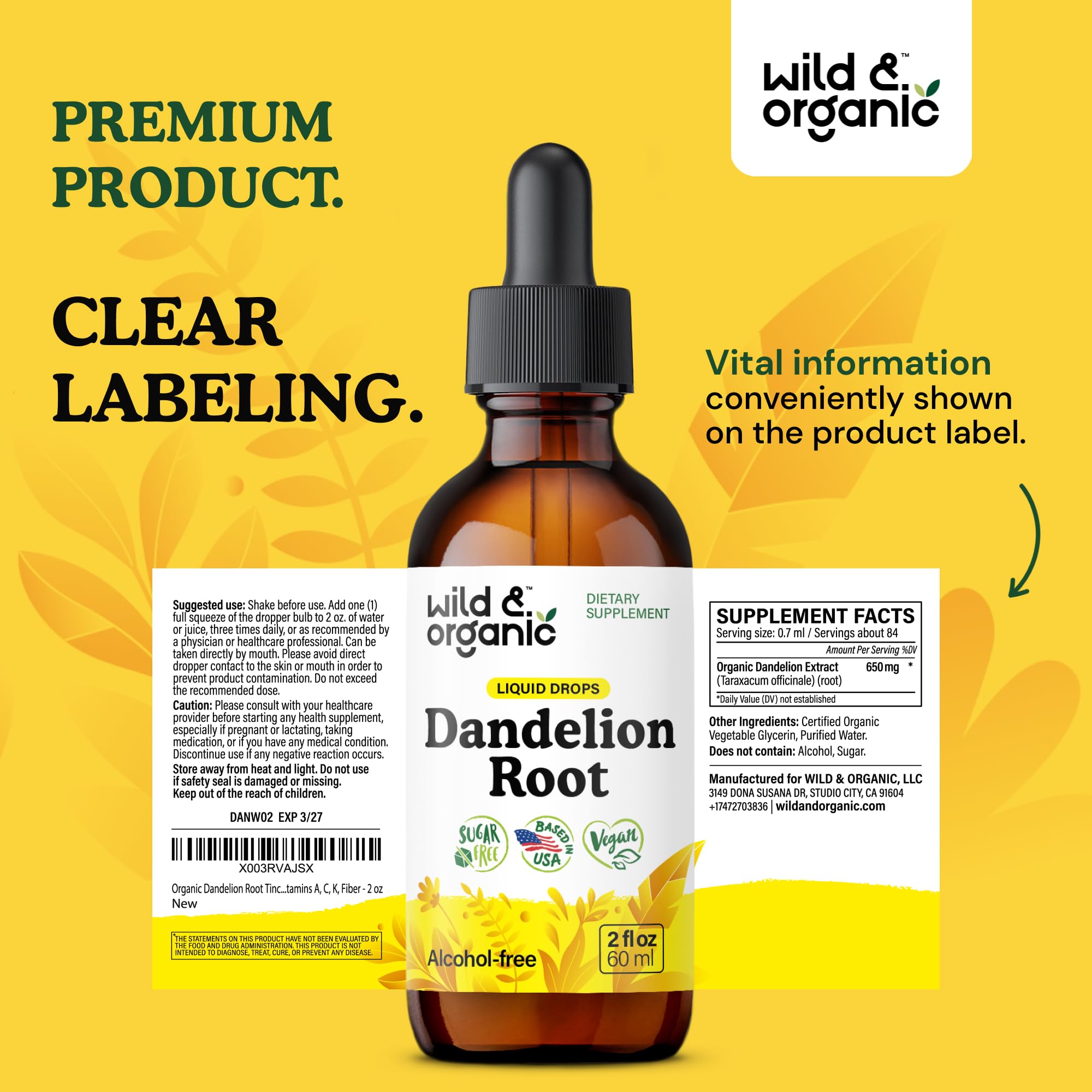 Wild & Organic Dandelion Root Extract Drops - Liver Cleanse Detox - Herbal Dandelion Tincture - Liver Support Supplement - Add to Tea - Vegan, Sugar & Alcohol-Free Liquid Drops - 4 fl oz
