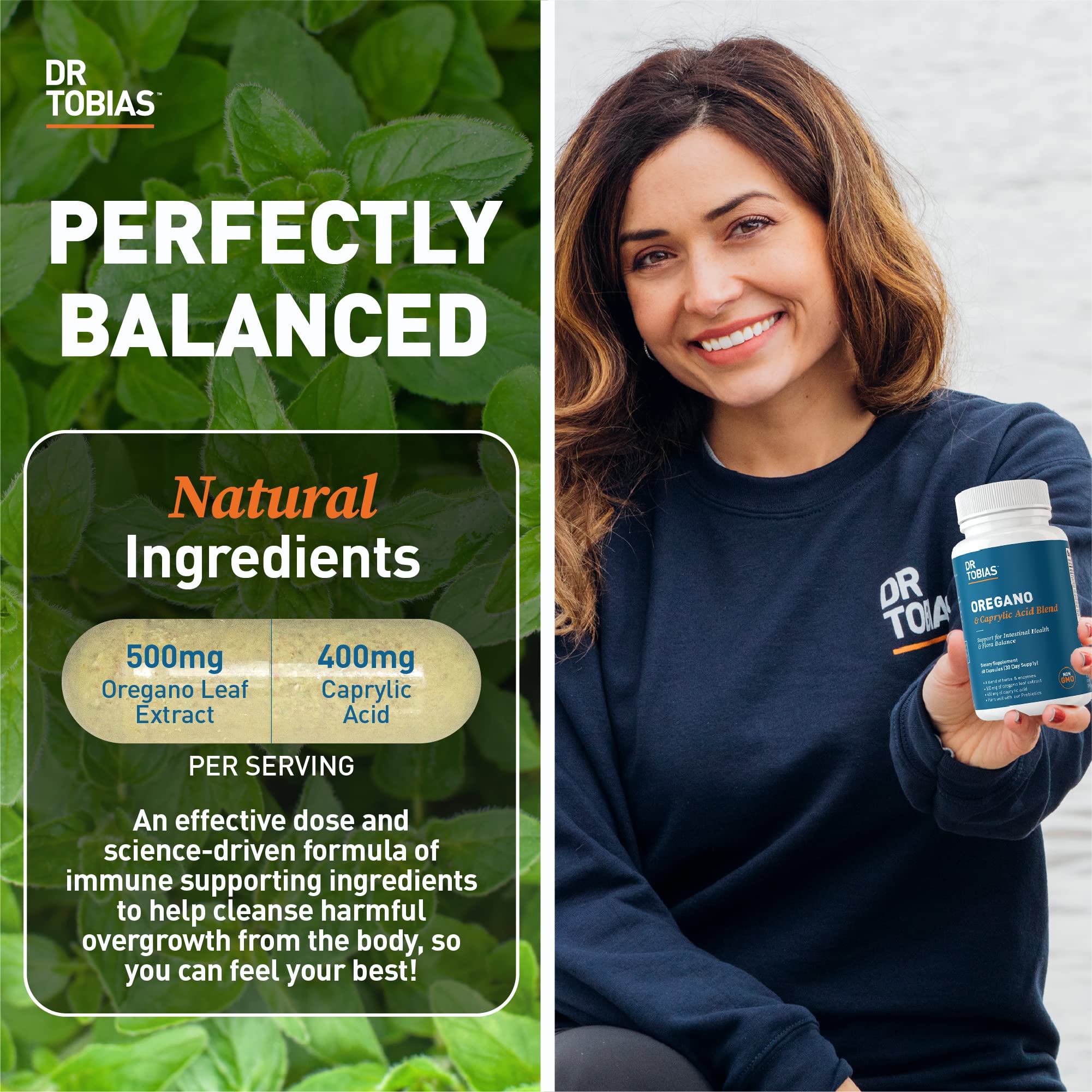Dr. Tobias Oregano & Caprylic Acid Blend 60 Capsules | Oregano Capsules | Gut Flora Balance Complex & Intestinal Support | Oregano + Caprylic Acid | Probiotics + Enzymes | 30 Servings