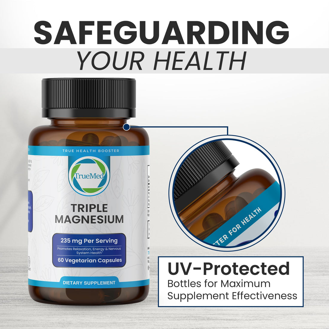 Supplement bottle labeled 'Triple Magnesium' by TrueMed with packaging and capsules on a white background.