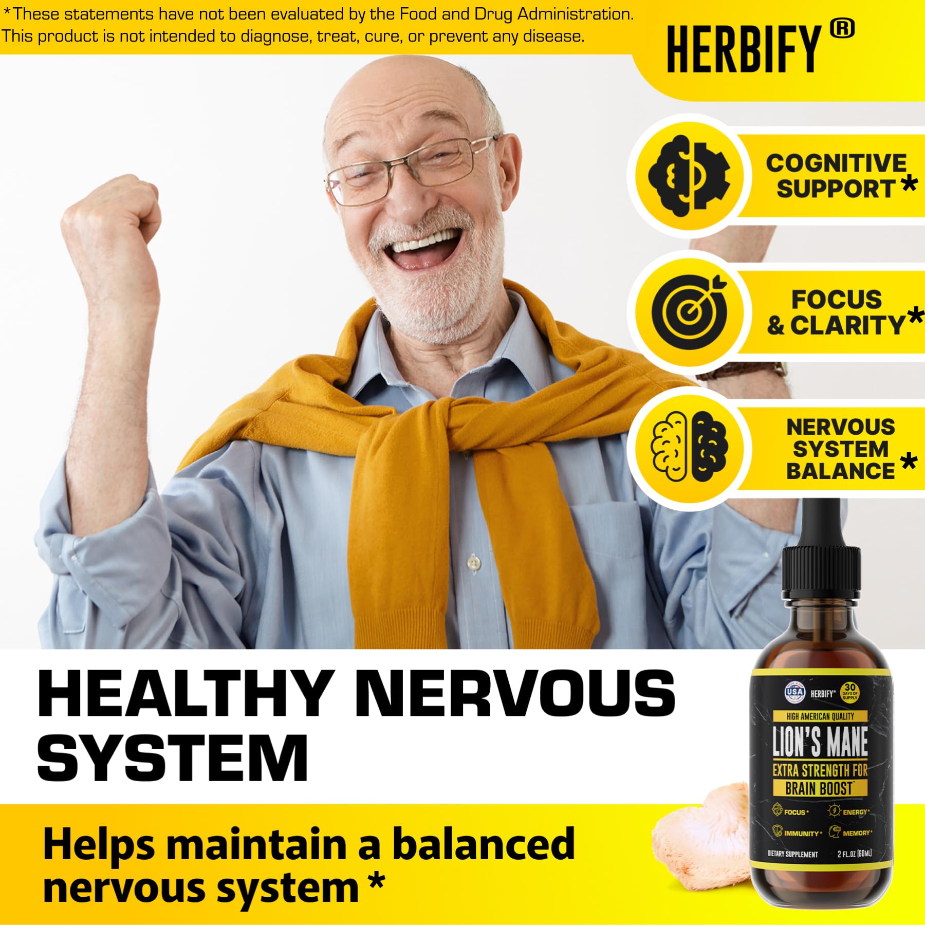 HERBIFY Lions Mane Supplement - Daily Mushroom Supplement for Memory, Focus & Clarity - Brain Booster - Lions Mane Tincture for Immune Support - 4 Fl oz