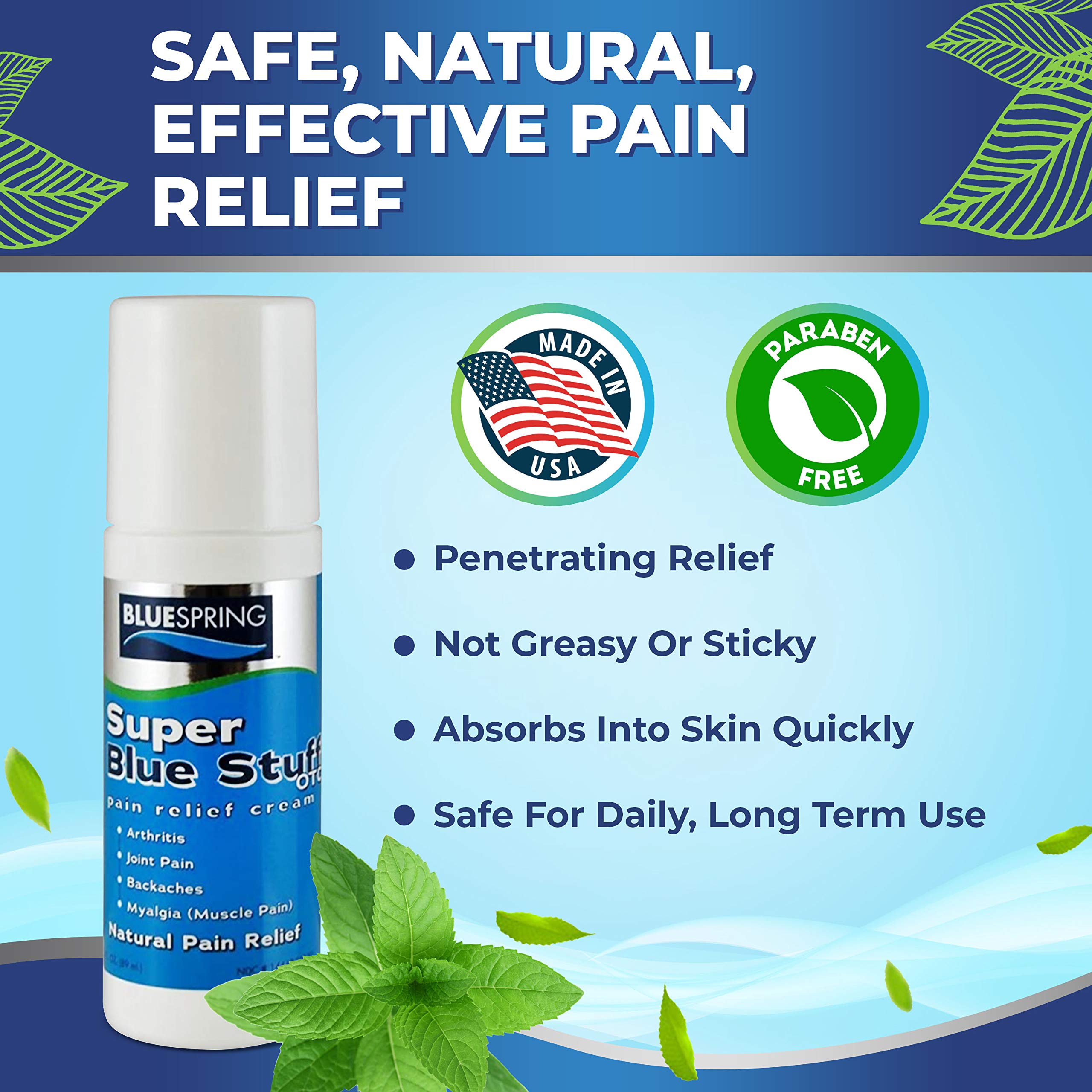 Super Blue Stuff Natural Pain Relief roll on with Emu Oil by BlueSpring- Pain relief rub Anti Inflammatory Analgesic Cream for Back, Knee, Joint, Muscle, Arthritis, and neck Pain Relief- 3 Oz roll-on. Emu TherapyBuy Supplements Australia