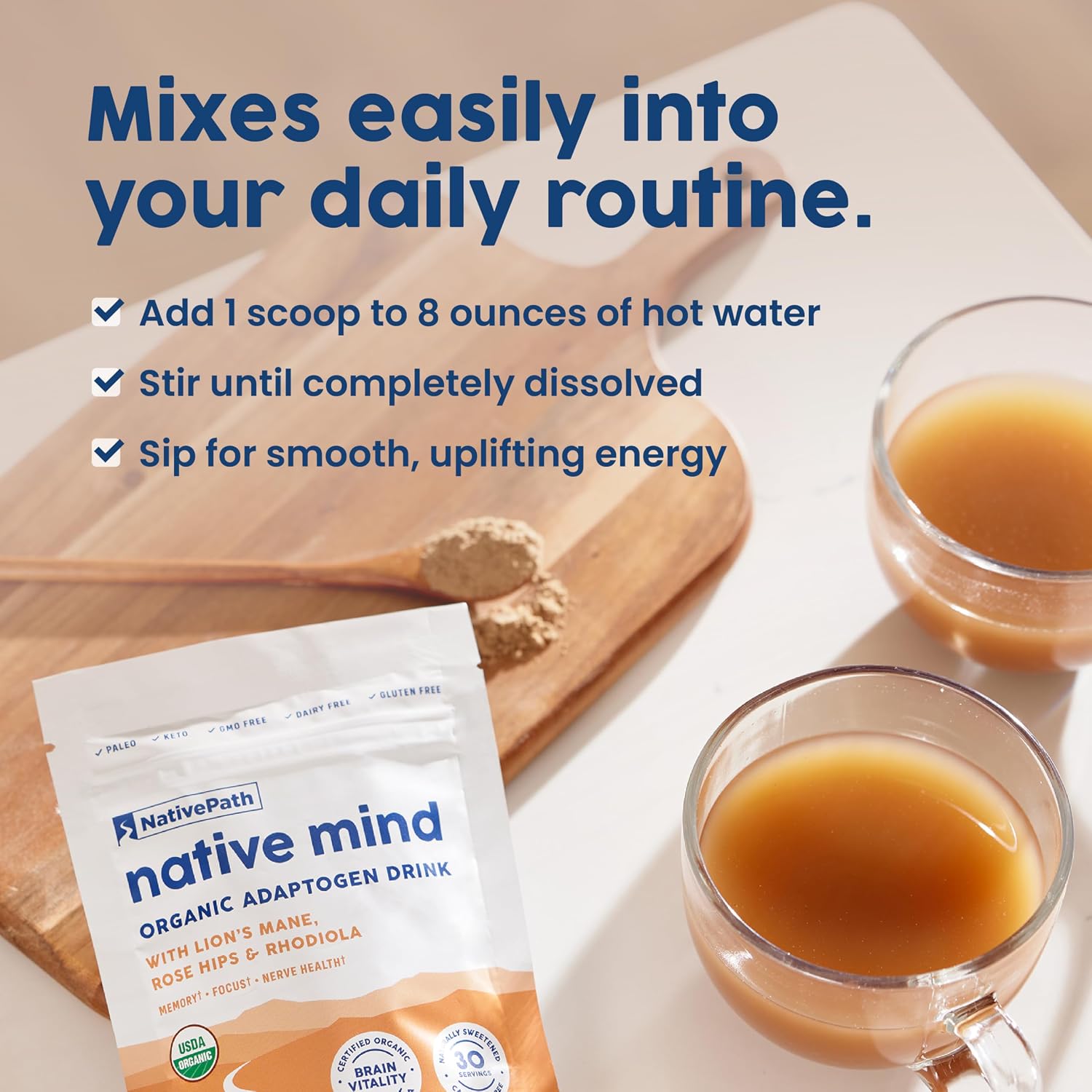 NativePath Native Mind Organic Adaptogen Herbal Support Blend - Organic Mushroom Drink Powder with Lion's Mane, Rhodiola & Rose Hips - 30 Servings | Rhodiola & Rose Hips In Peppermint, Supports Focus, Calm & Immune Health, Caffeine-Free, Organic, Keto
