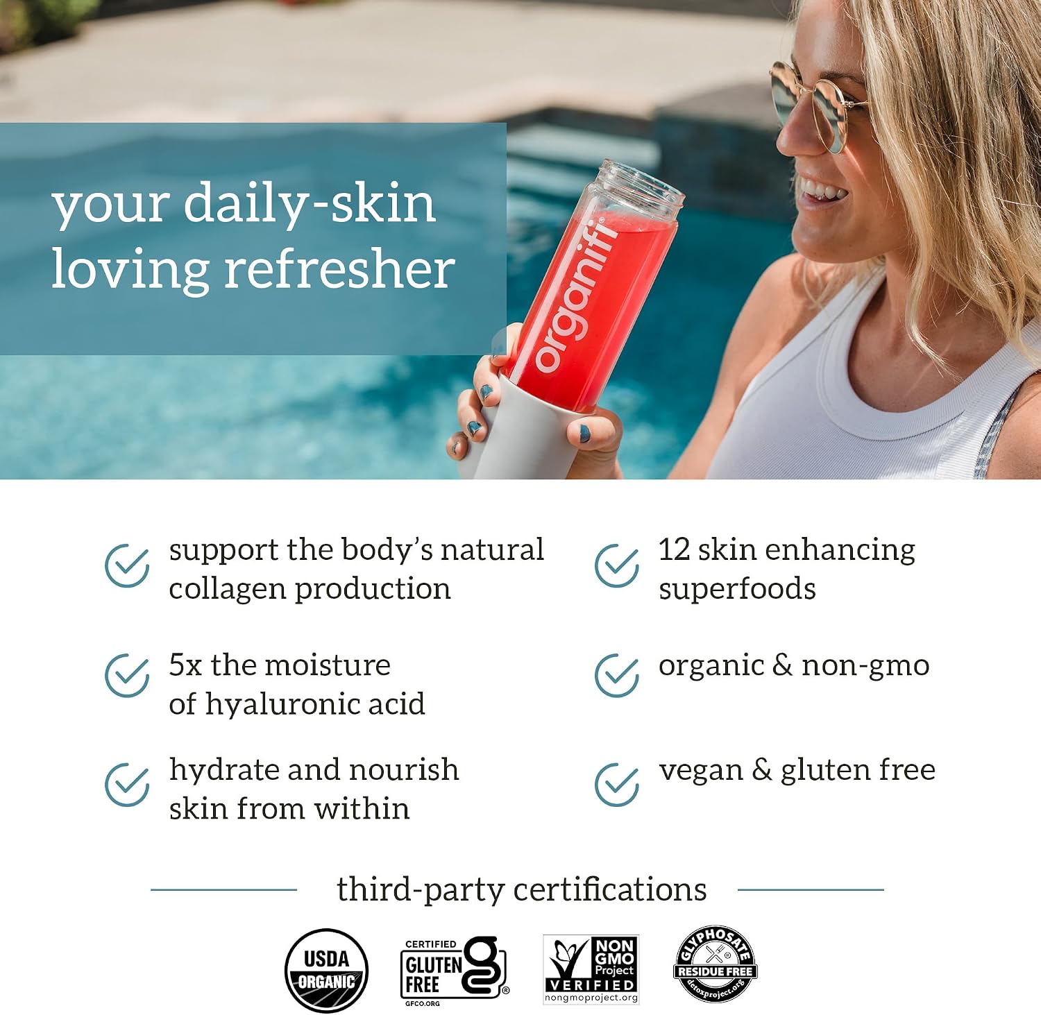 Organifi Glow - Vegan Collagen Powder for Women - Organic Flavored Water Ingredient, 30 Servings