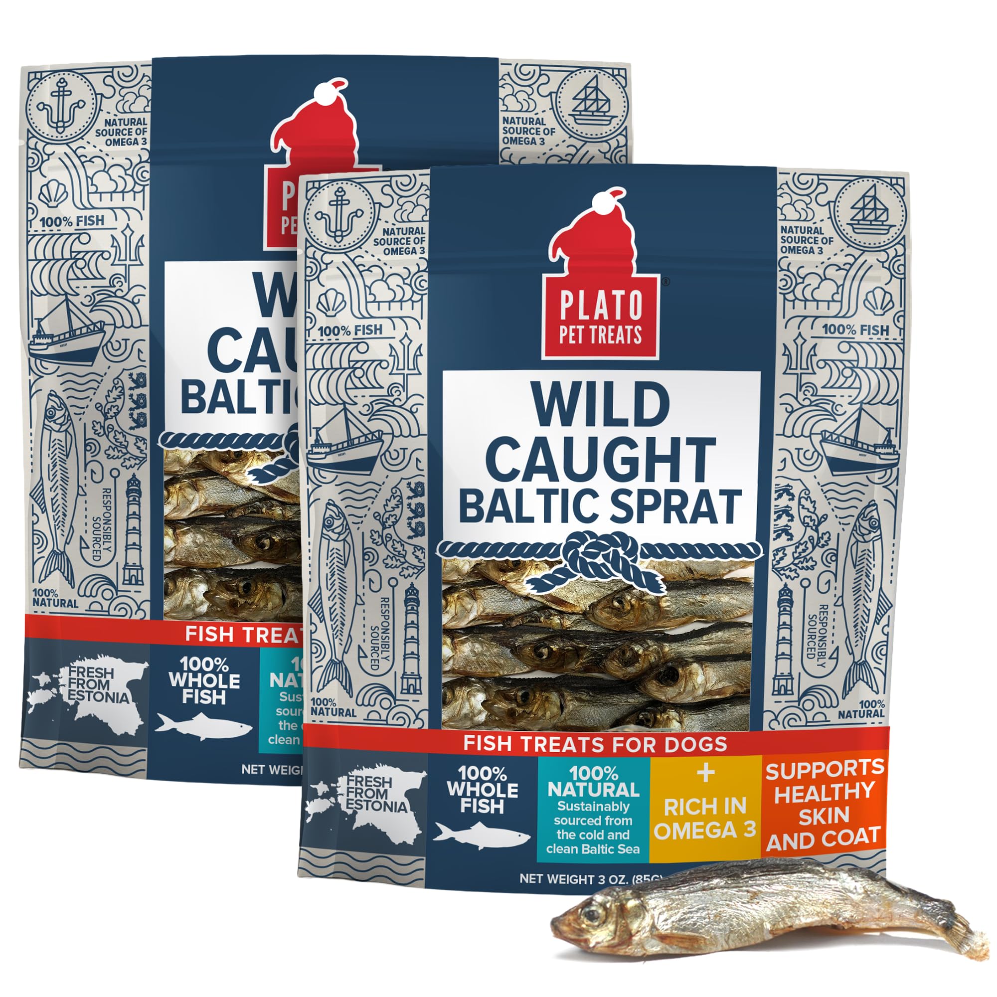 Plato Pet Treats Fish Dog Treats - Air-Dried, Single Ingredient Pet Treat - Omega 3 & 6 Fatty Acids to Support Skin and Coat - 100% Whole Fish - Wild Caught Baltic Sprat - 3 oz - 2 Pack