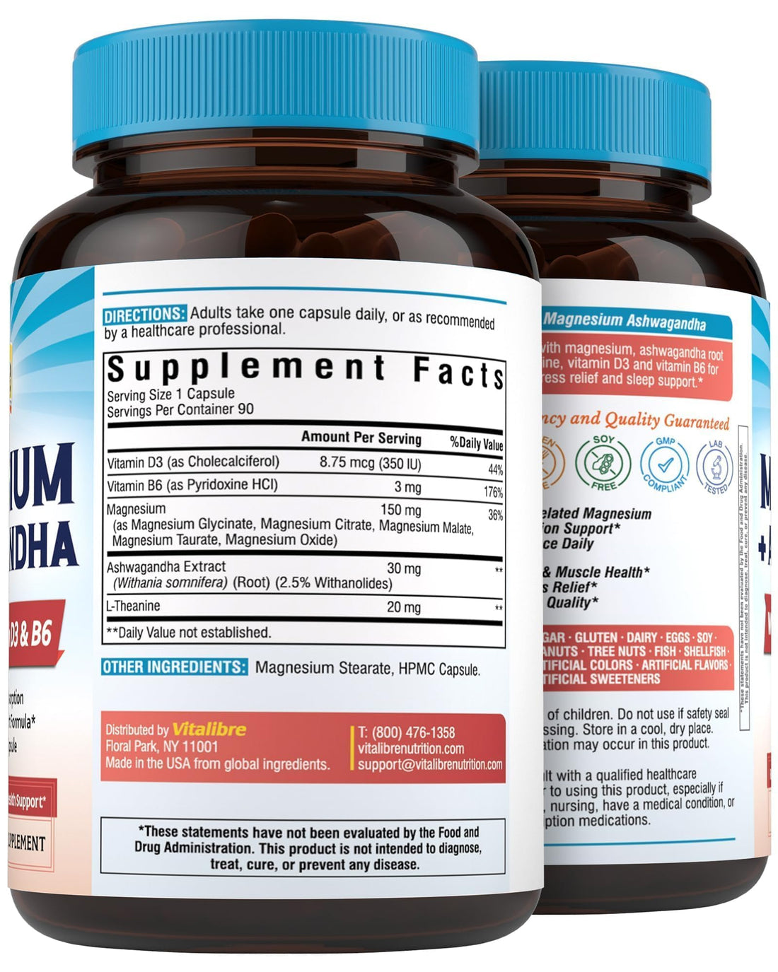 Vitalibre Magnesium + Ashwagandha supplement bottle on a white background